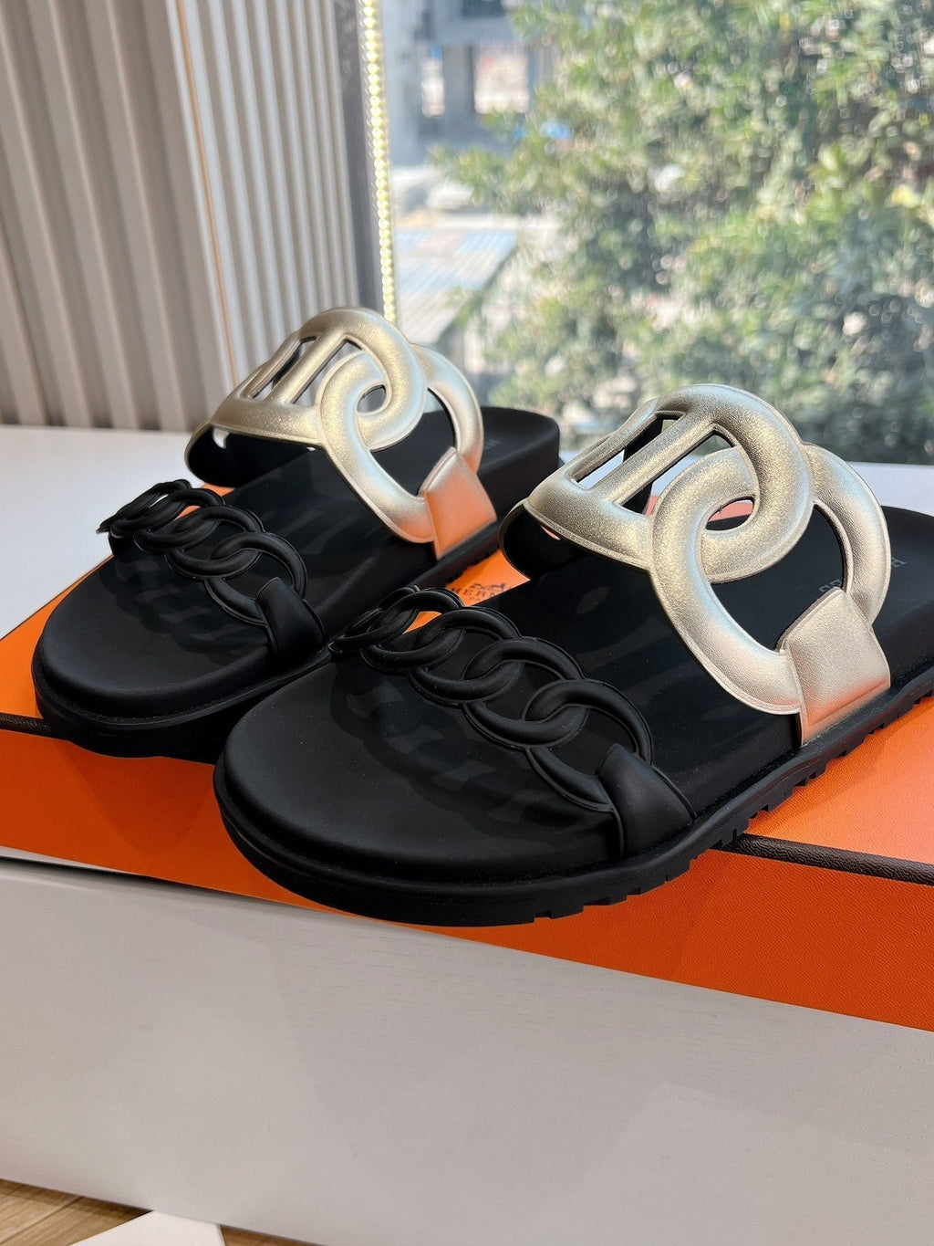 Hermes Extra Sandal in Gold Mix Black Calfskin