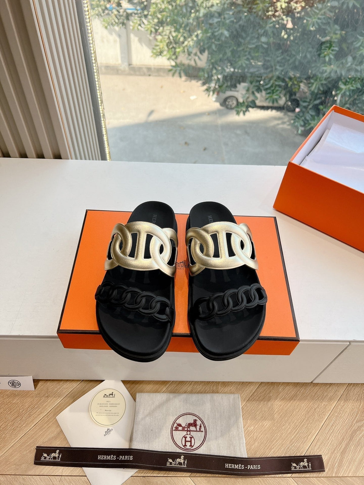 Hermes Extra Sandal in Gold Mix Black Calfskin
