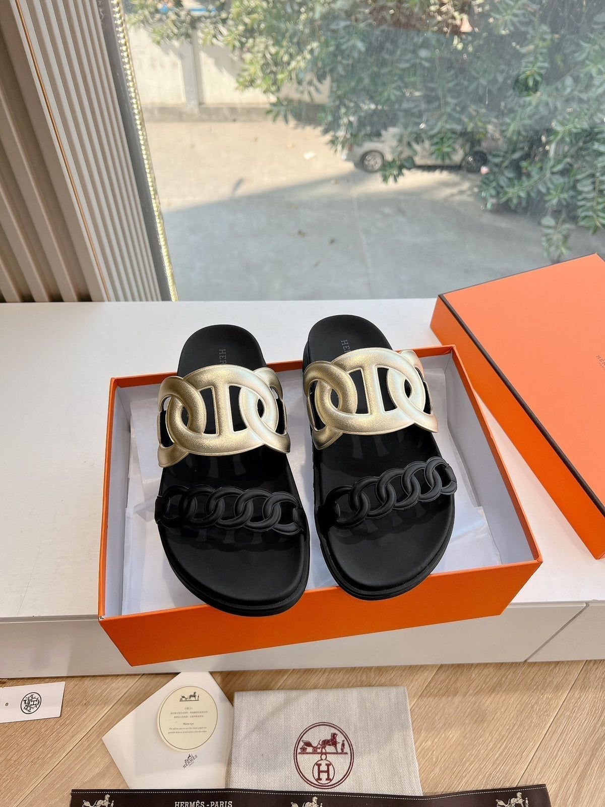 Hermes Extra Sandal in Gold Mix Black Calfskin