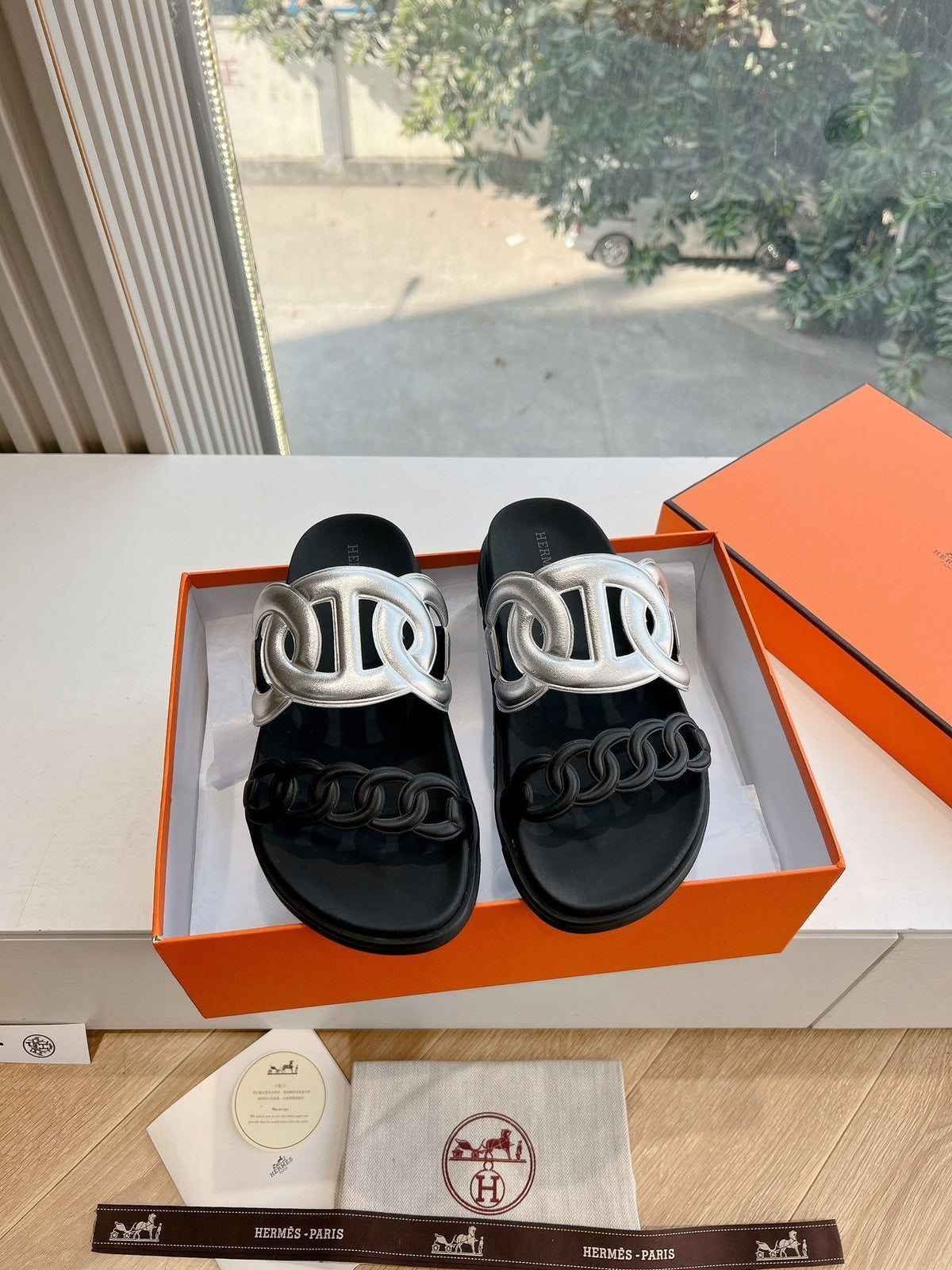 Hermes Extra Sandal in Silver Mix Black Calfskin
