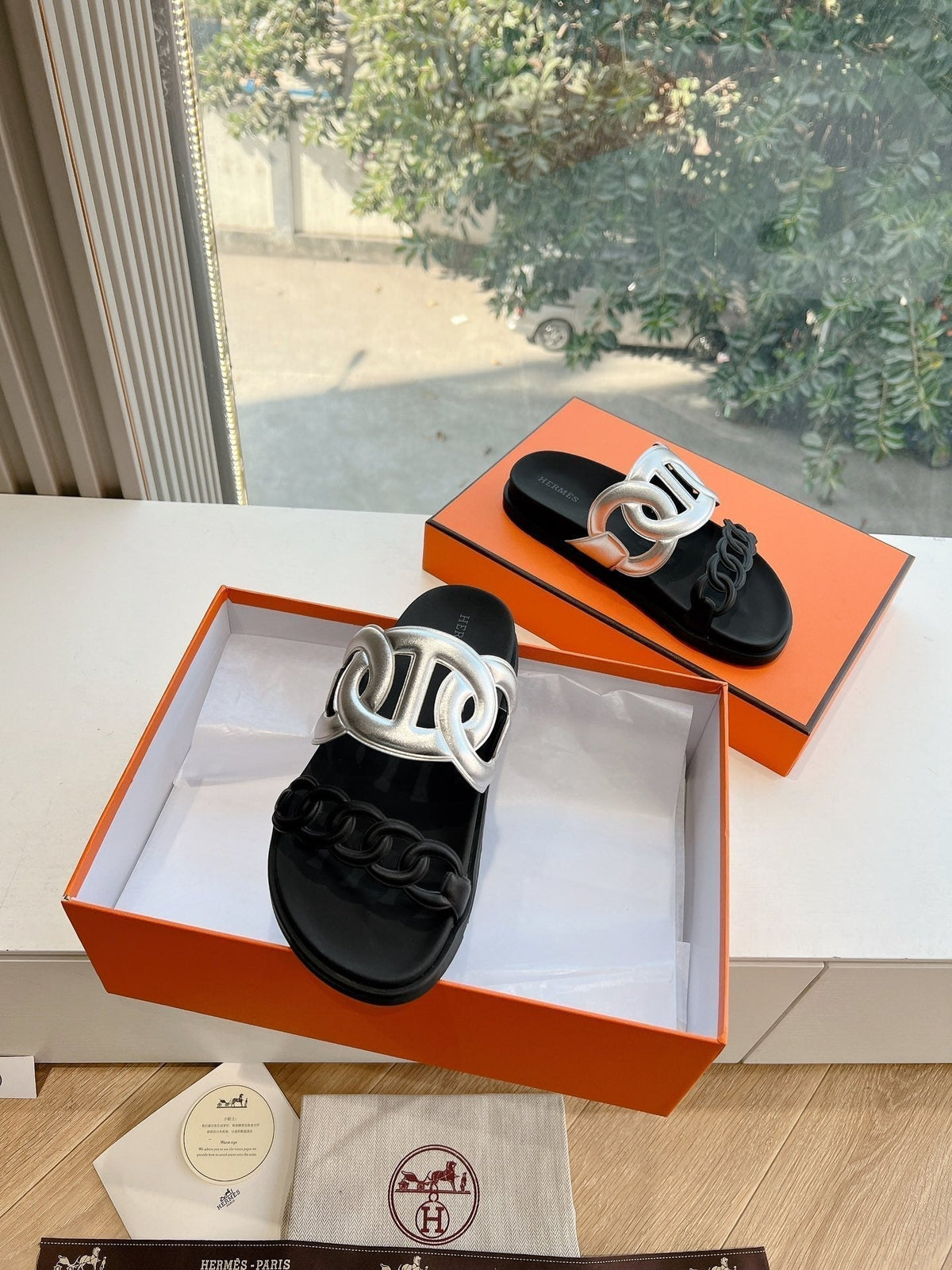Hermes Extra Sandal in Silver Mix Black Calfskin