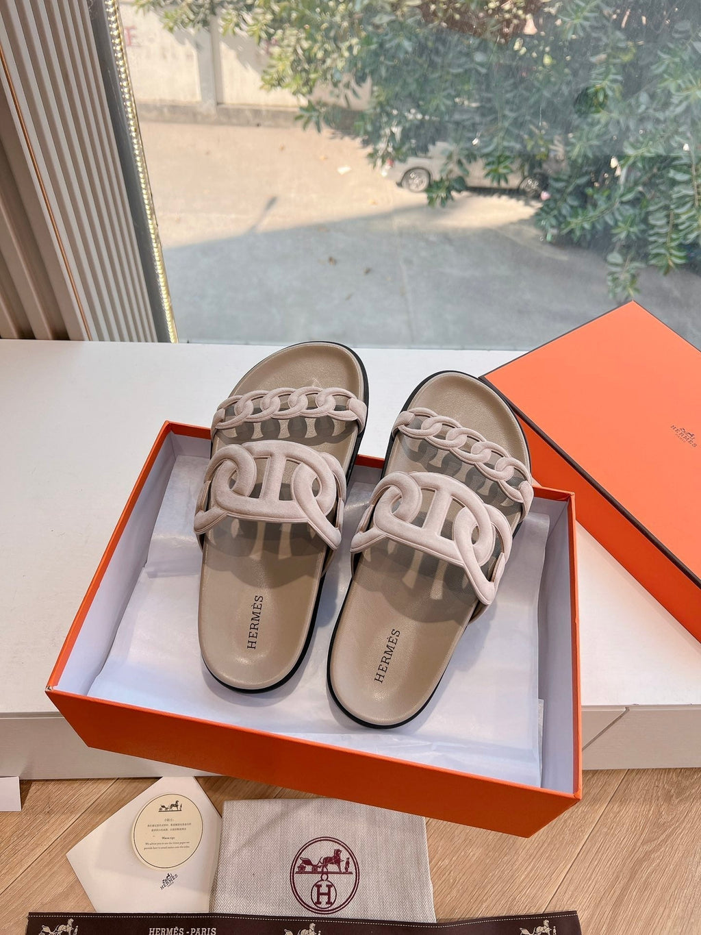 Hermes Extra Sandal in Nude Beige Suede