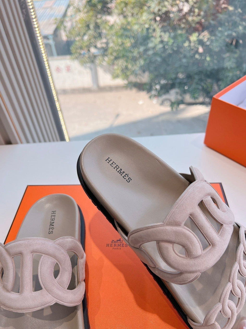 Hermes Extra Sandal in Nude Beige Suede