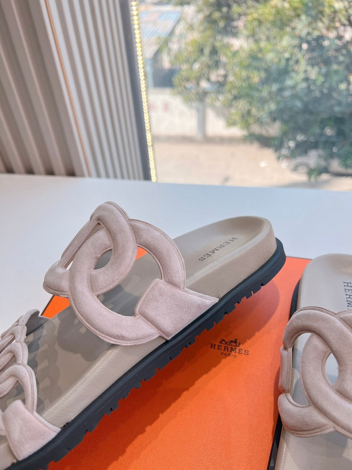 Hermes Extra Sandal in Nude Beige Suede