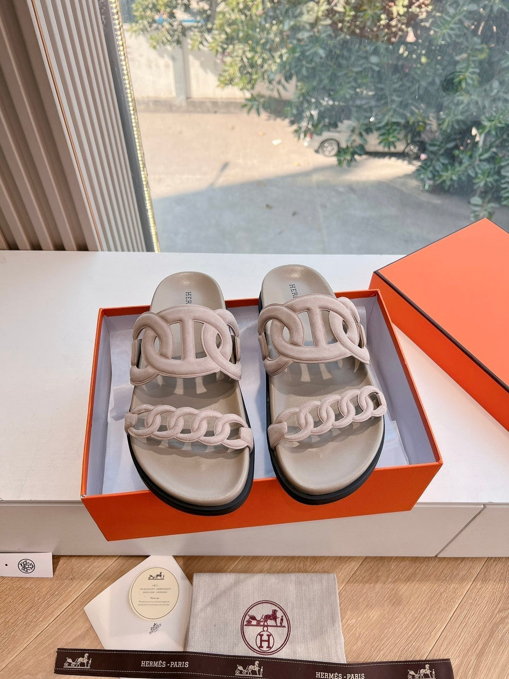 Hermes Extra Sandal in Nude Beige Suede