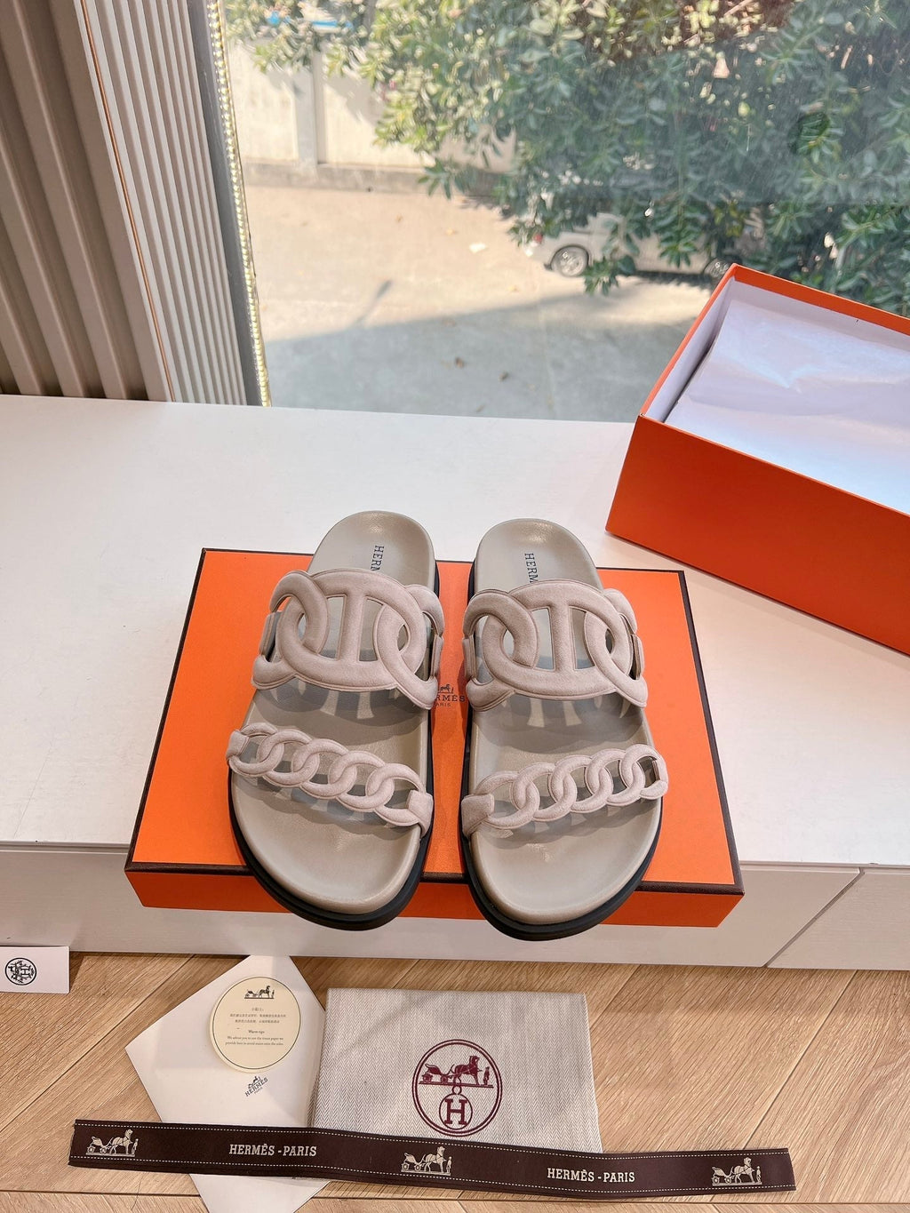 Hermes Extra Sandal in Nude Beige Suede