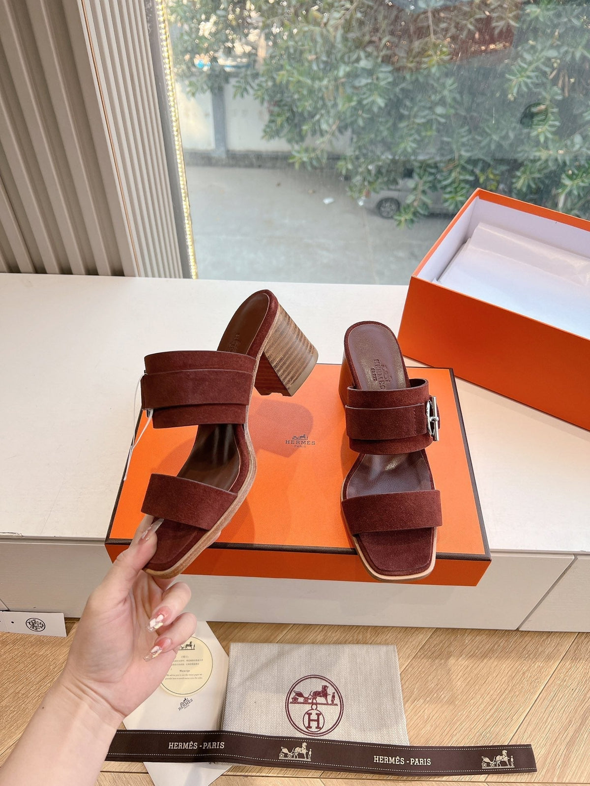 Hermes Kute 60 Sandal in Chestnut Brown Suede