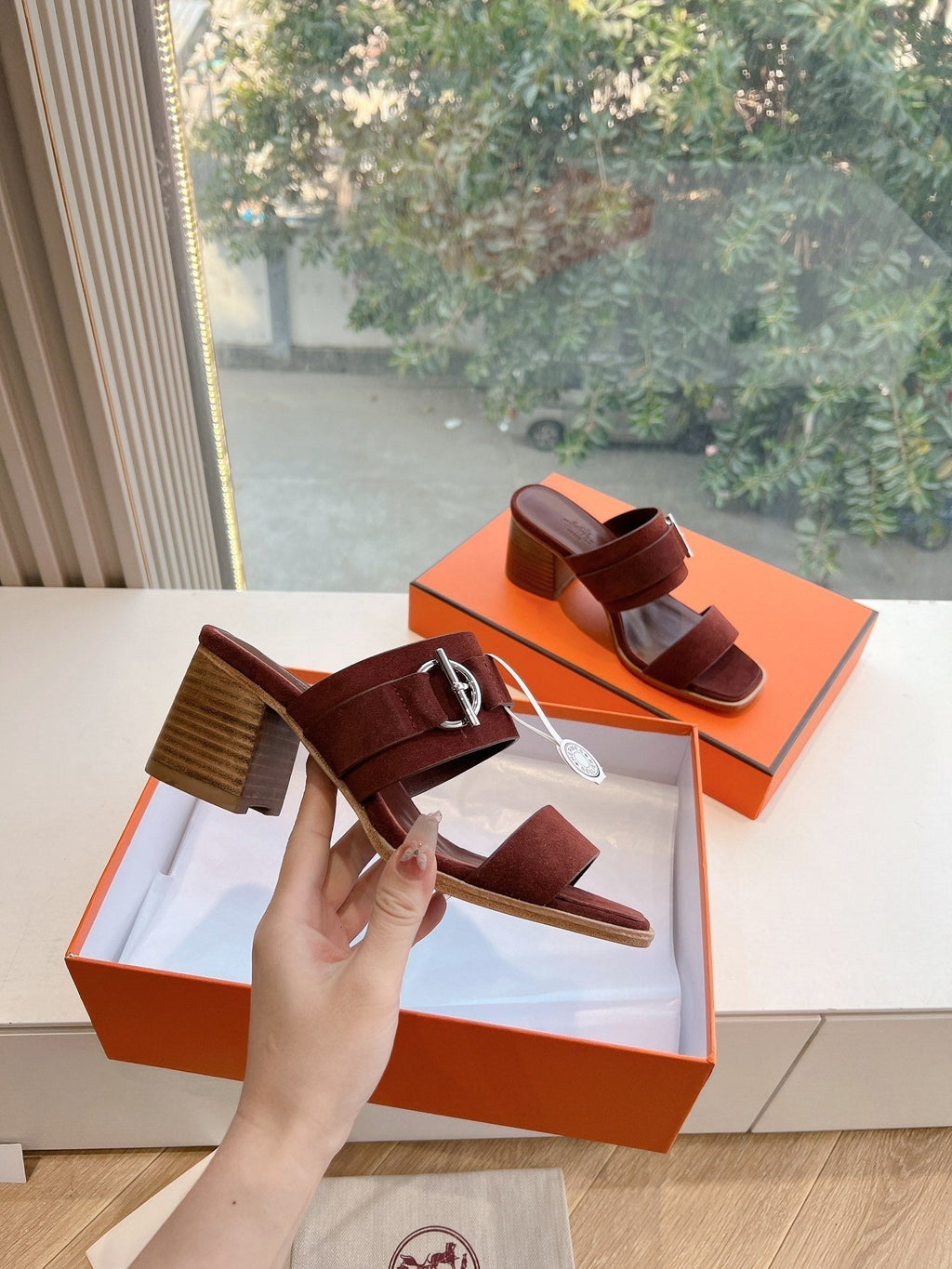 Hermes Kute 60 Sandal in Chestnut Brown Suede