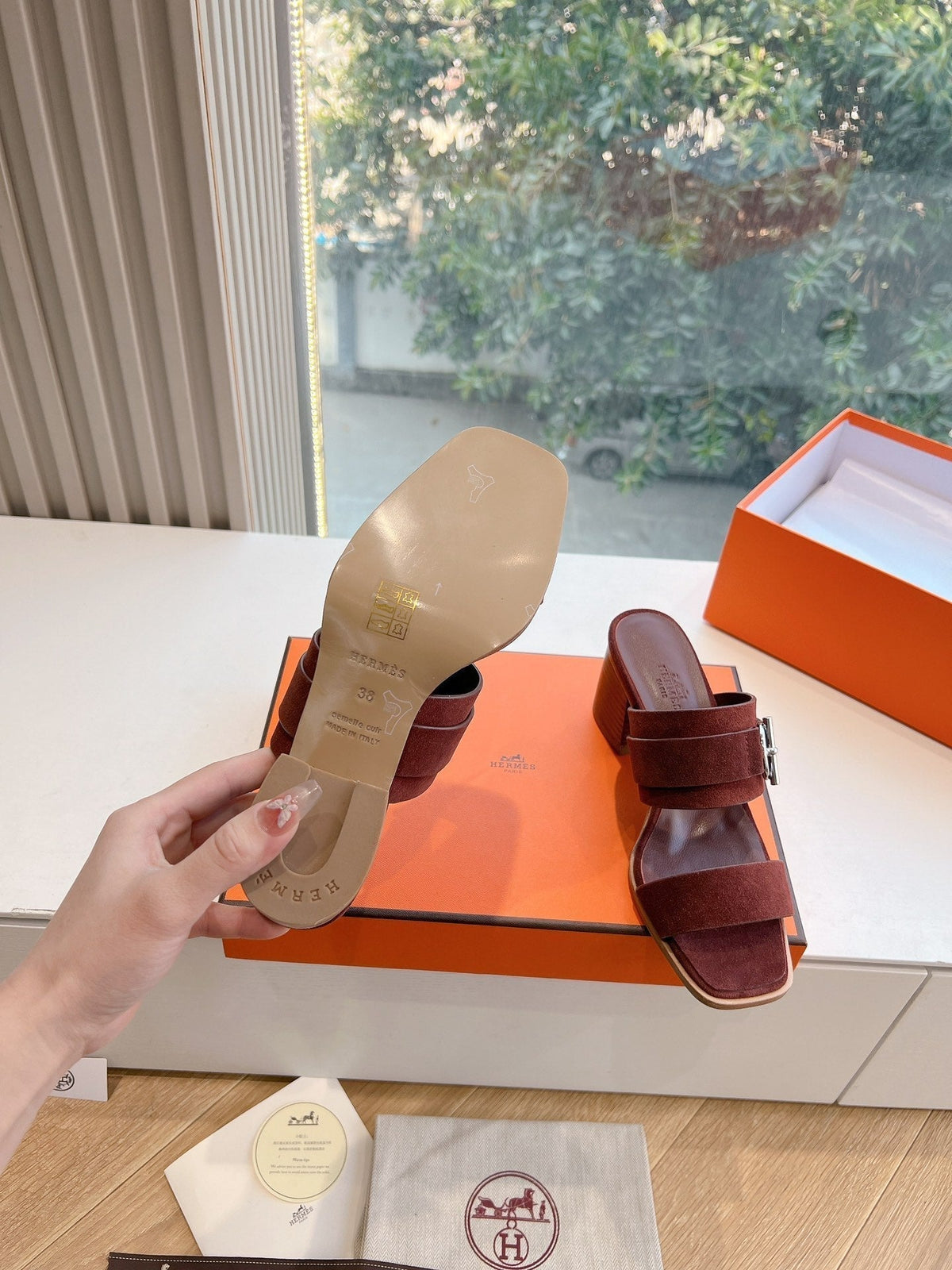 Hermes Kute 60 Sandal in Chestnut Brown Suede