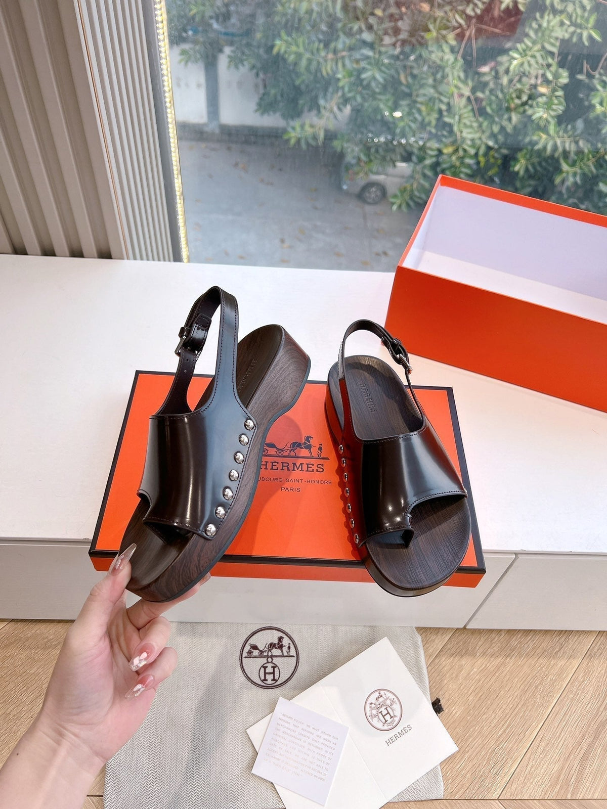 Hermes Flat Sandal in Brunette Brown Calfskin