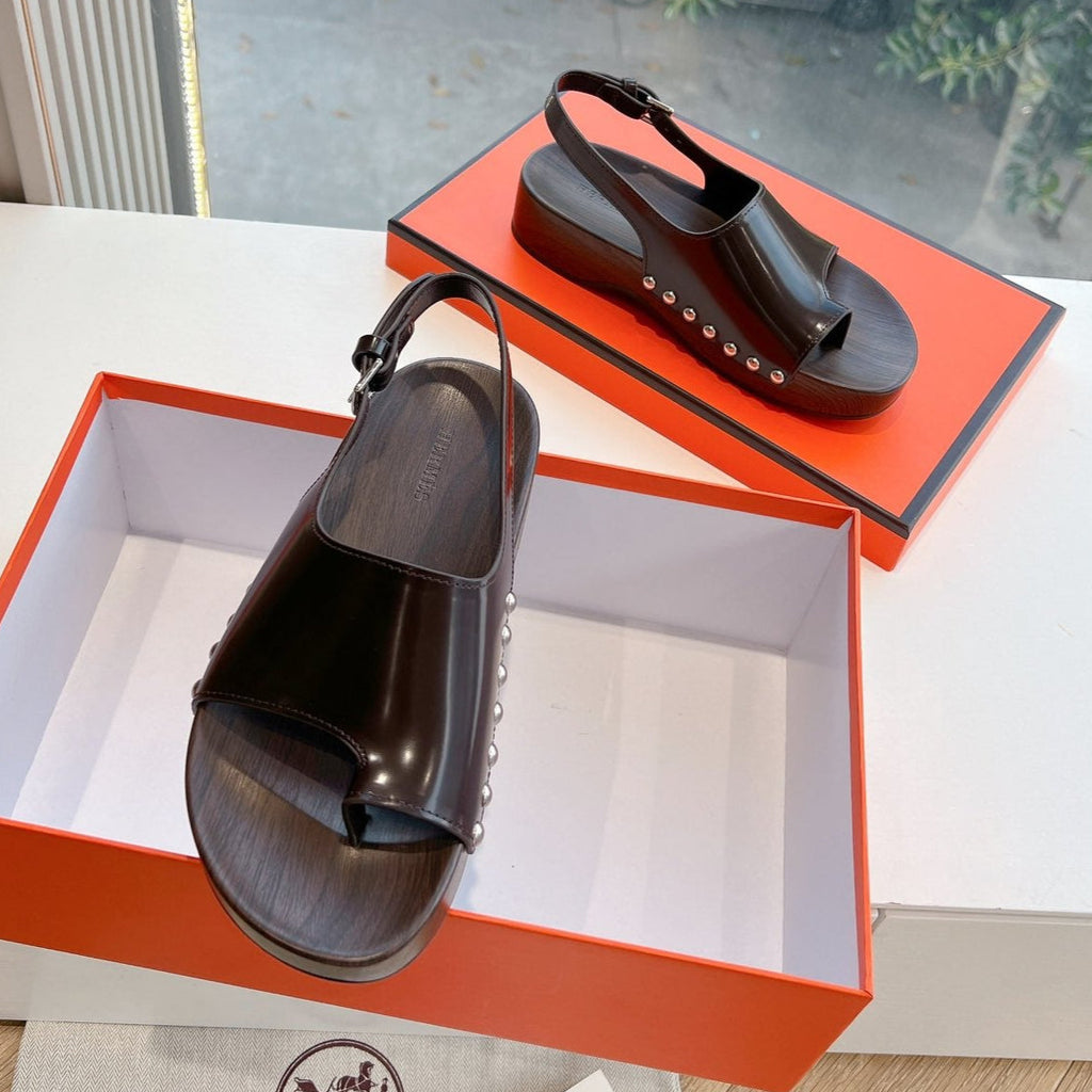 Hermes Flat Sandal in Brunette Brown Calfskin