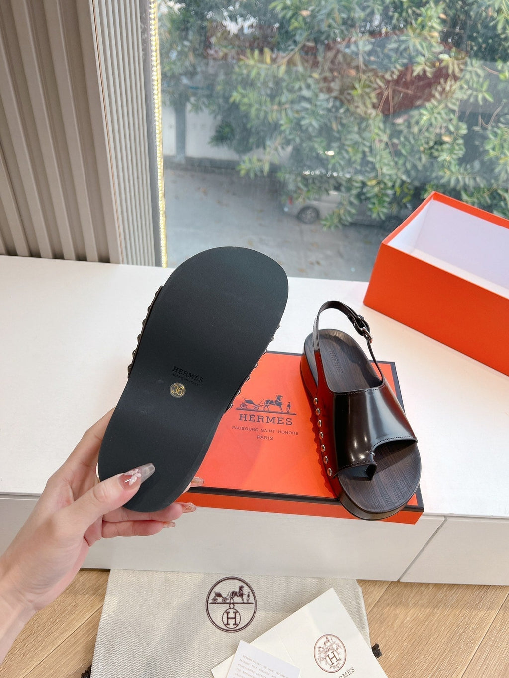 Hermes Flat Sandal in Brunette Brown Calfskin