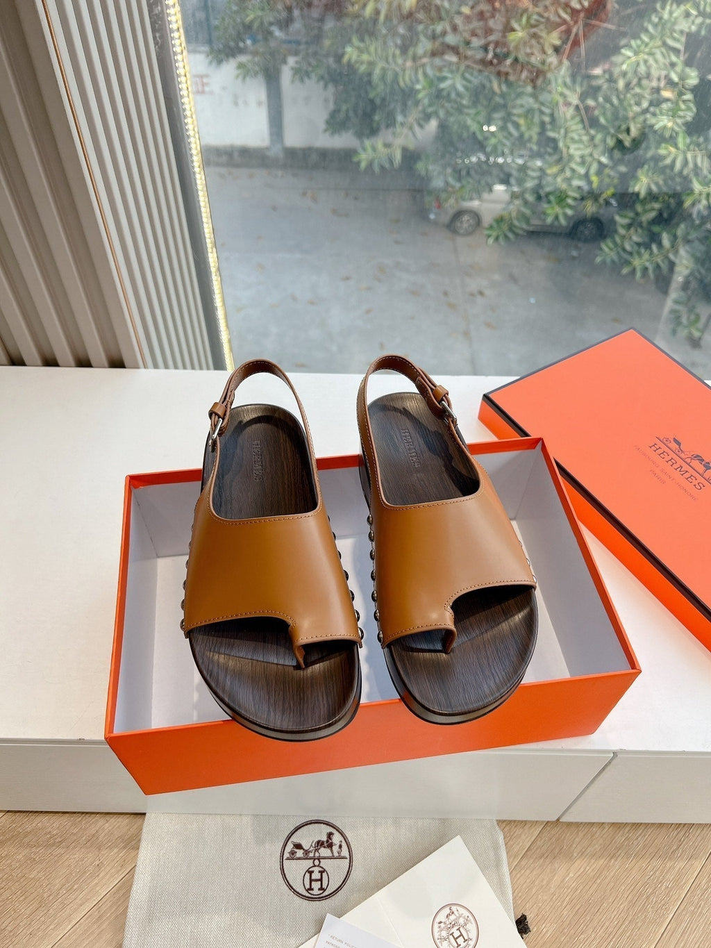 Hermes Flat Sandal in Bronze Brown Calfskin