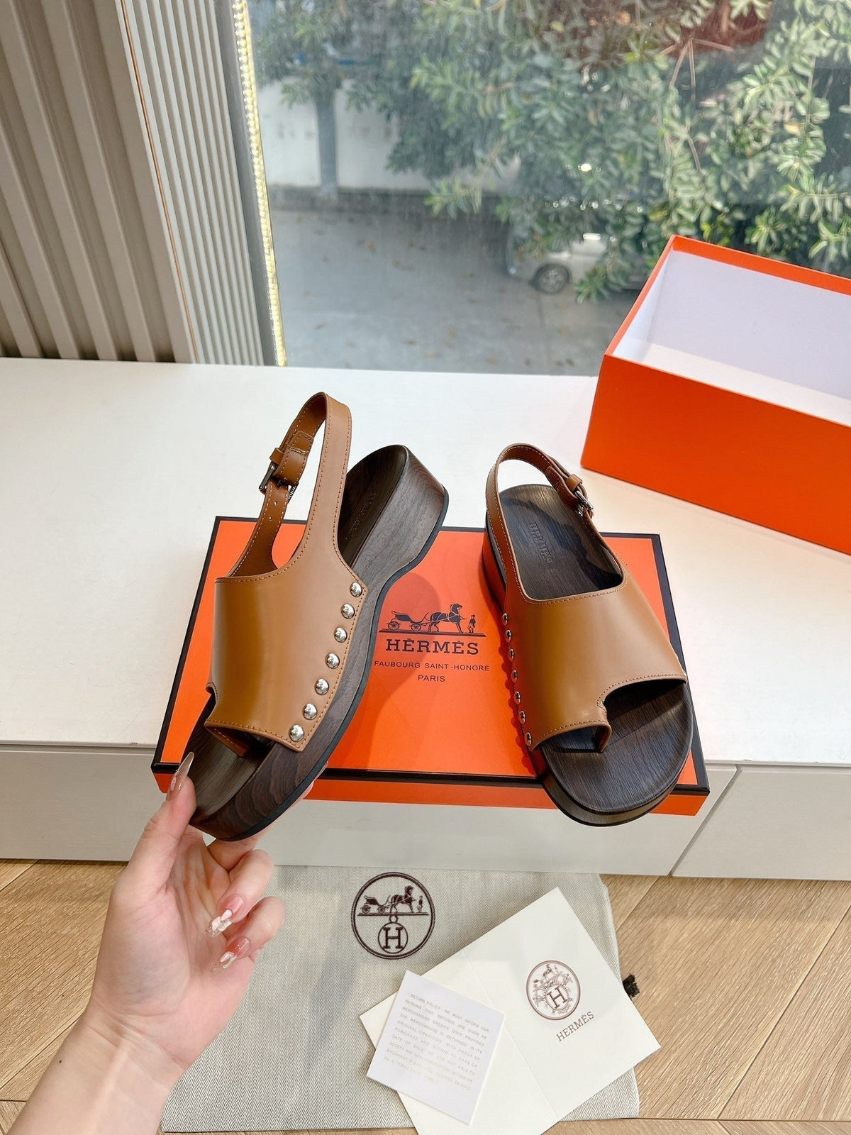 Hermes Flat Sandal in Bronze Brown Calfskin