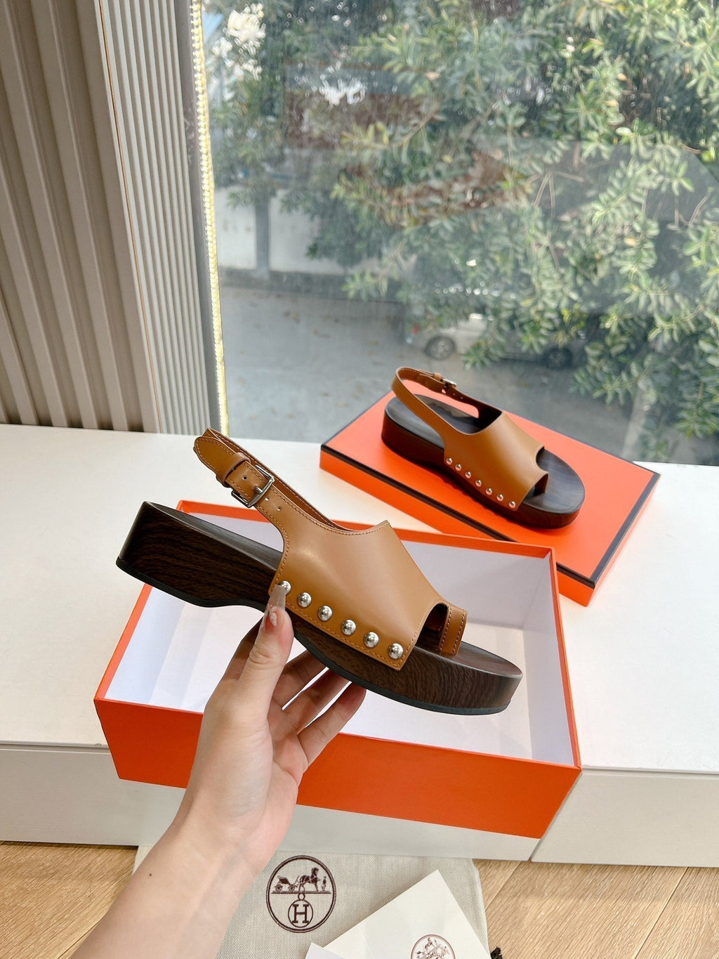 Hermes Flat Sandal in Bronze Brown Calfskin
