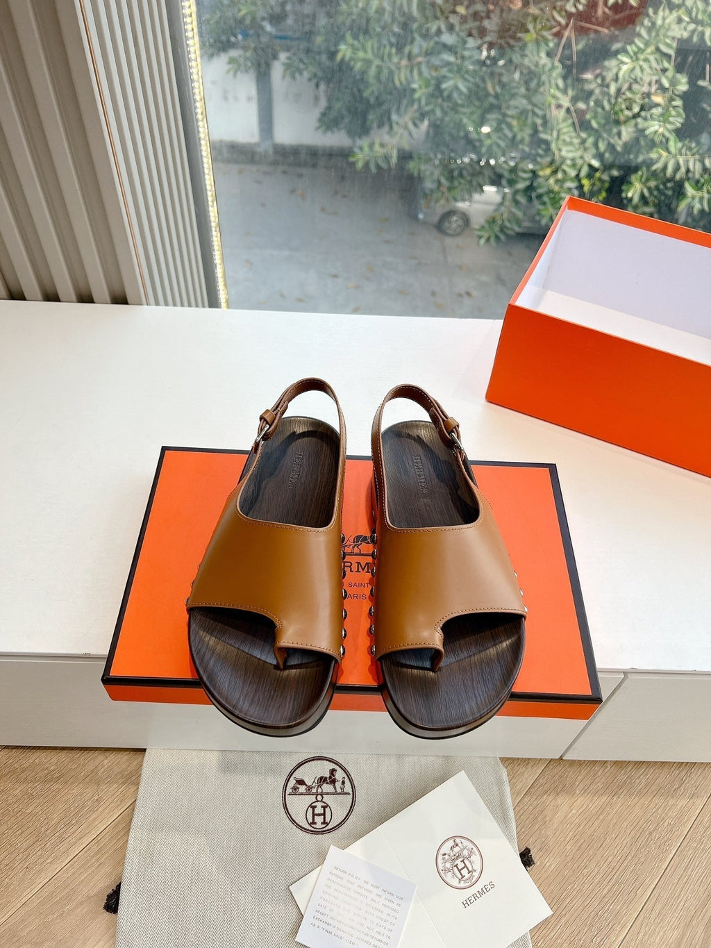 Hermes Flat Sandal in Bronze Brown Calfskin