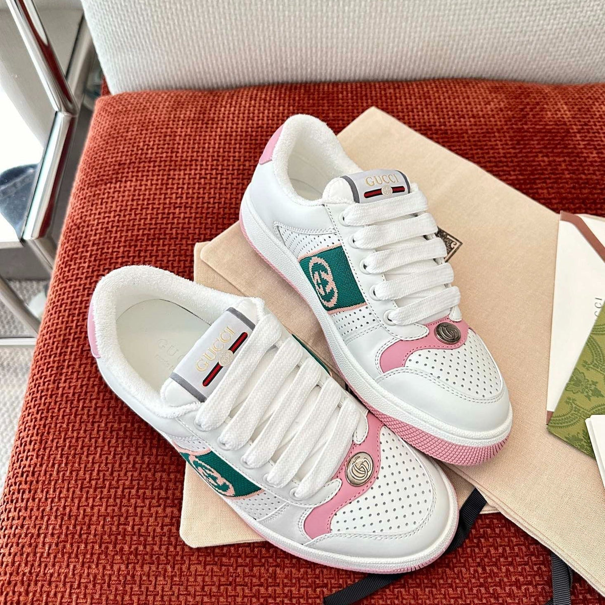Gucci Screener Sneaker White and Pink Calfskin