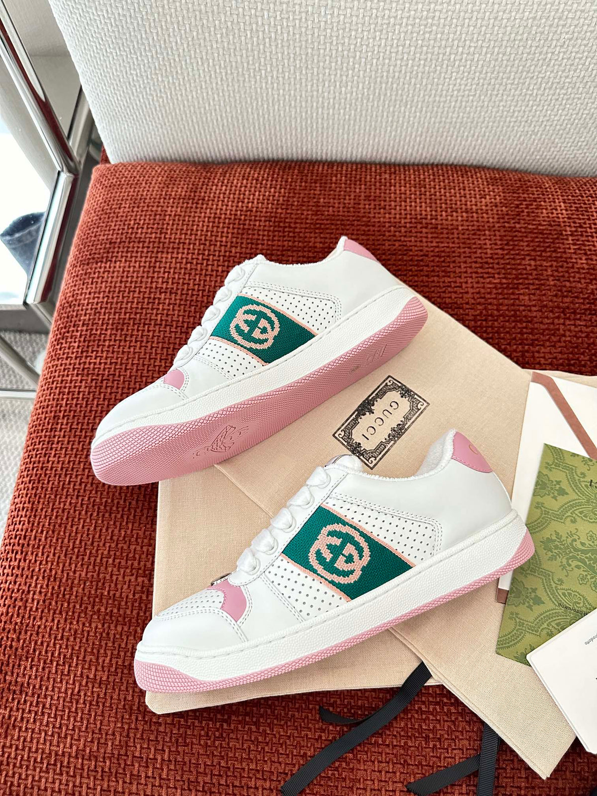 Gucci Screener Sneaker White and Pink Calfskin