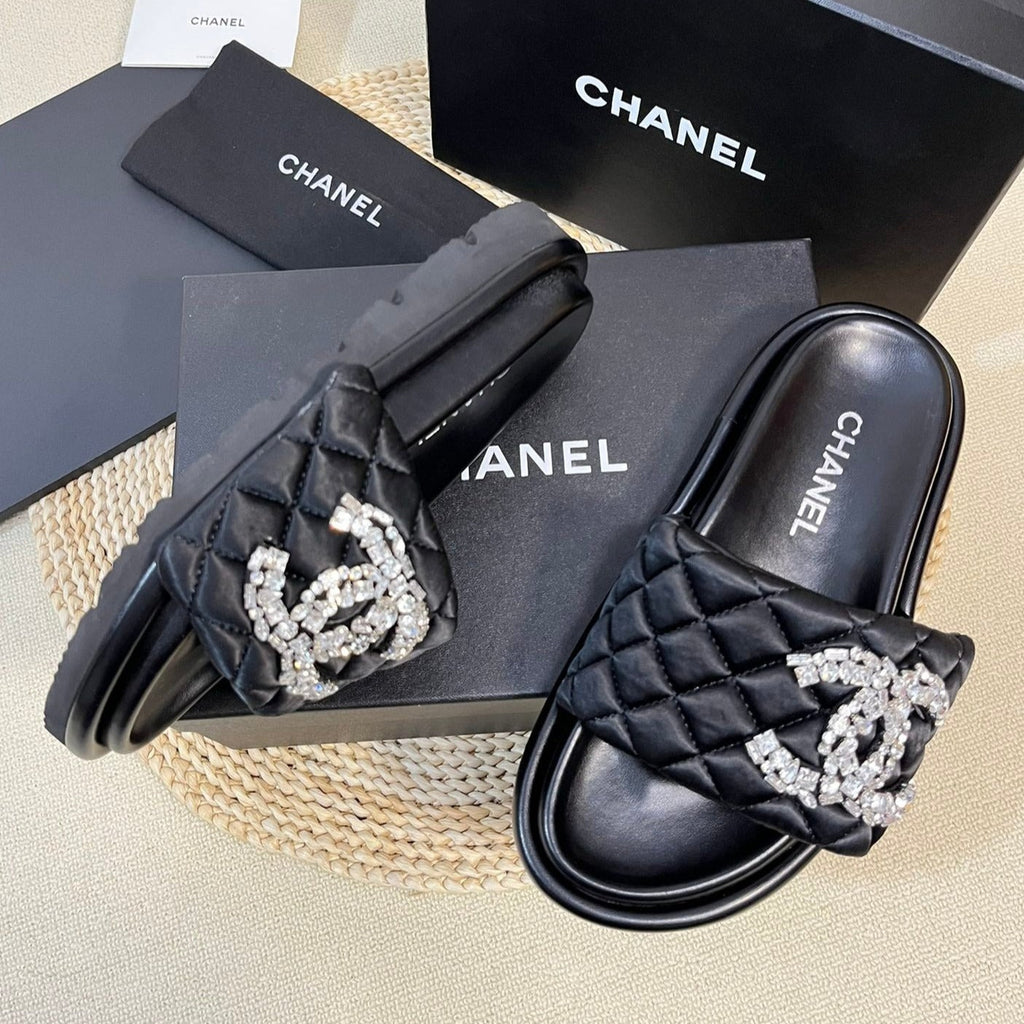 Chanel New Style Diamond Buckle Double C Thick Bottom Slippers Black Sheepskin