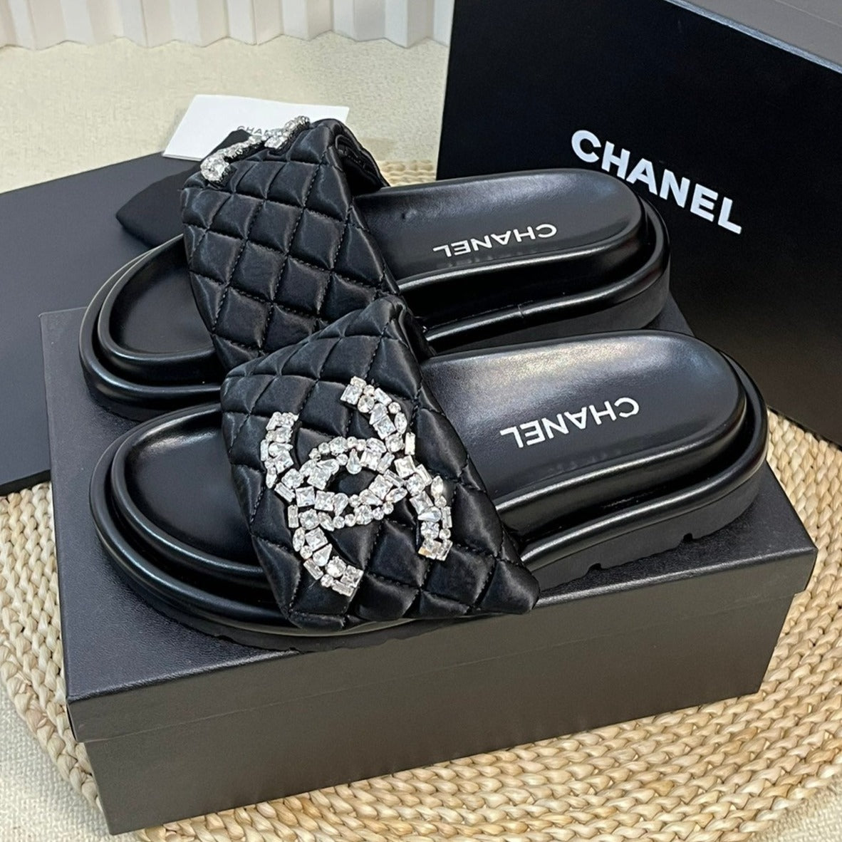 Chanel New Style Diamond Buckle Double C Thick Bottom Slippers Black Sheepskin