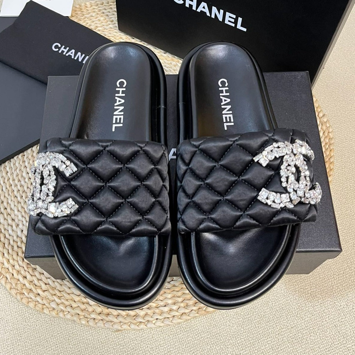 Chanel New Style Diamond Buckle Double C Thick Bottom Slippers Black Sheepskin