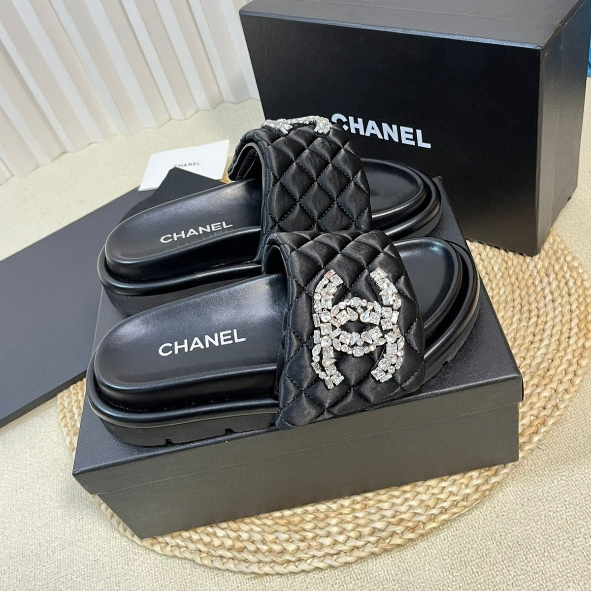 Chanel New Style Diamond Buckle Double C Thick Bottom Slippers Black Sheepskin