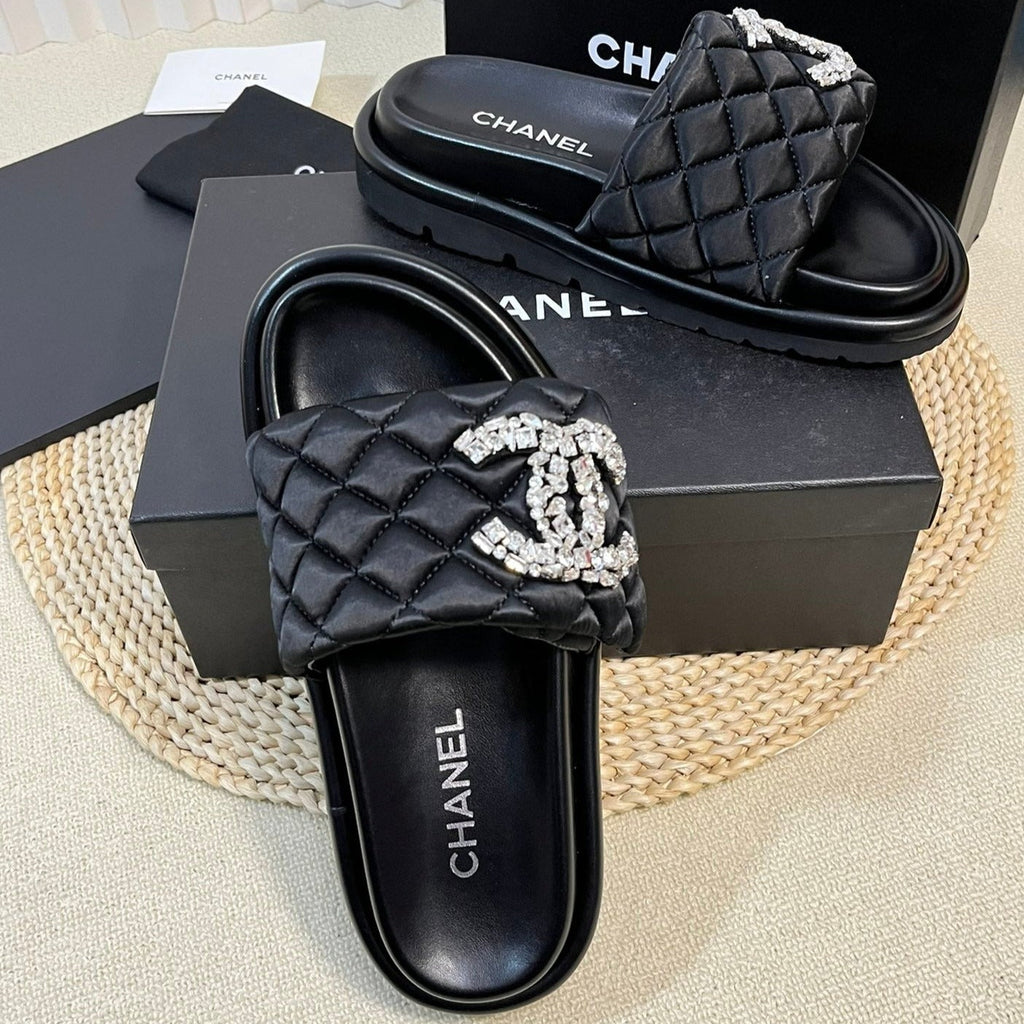 Chanel New Style Diamond Buckle Double C Thick Bottom Slippers Black Sheepskin