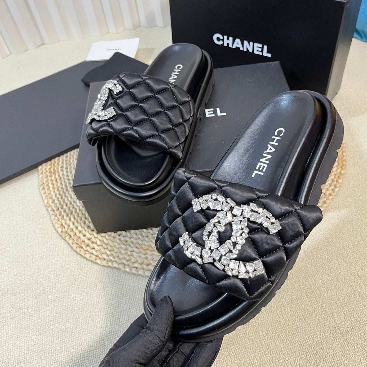 Chanel New Style Diamond Buckle Double C Thick Bottom Slippers Black Sheepskin