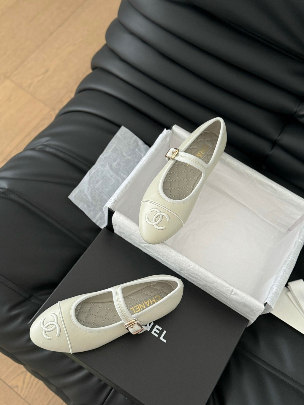 Chanel Mary Jane Shoes in Grey Lambskin