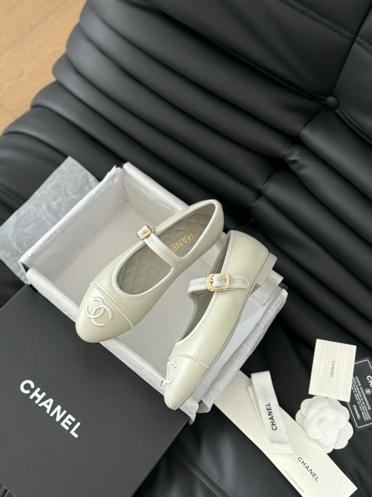 Chanel Mary Jane Shoes in Grey Lambskin