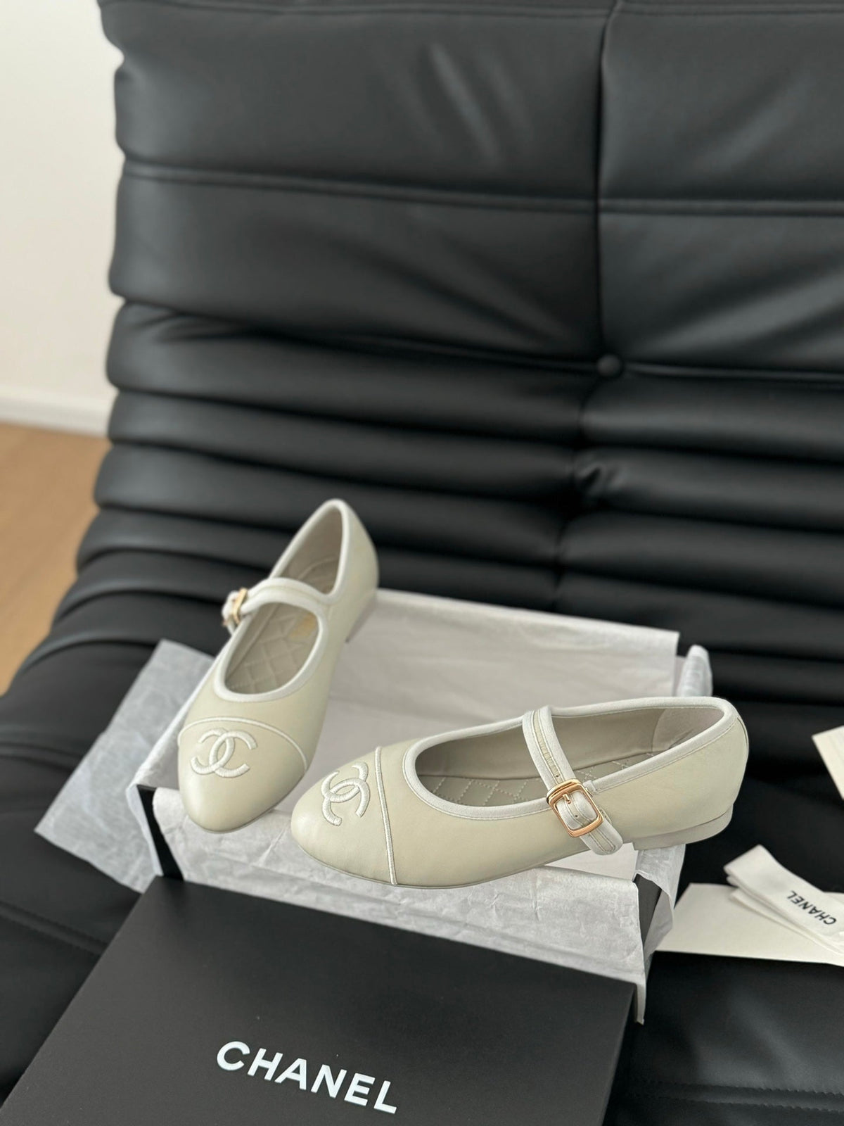 Chanel Mary Jane Shoes in Grey Lambskin