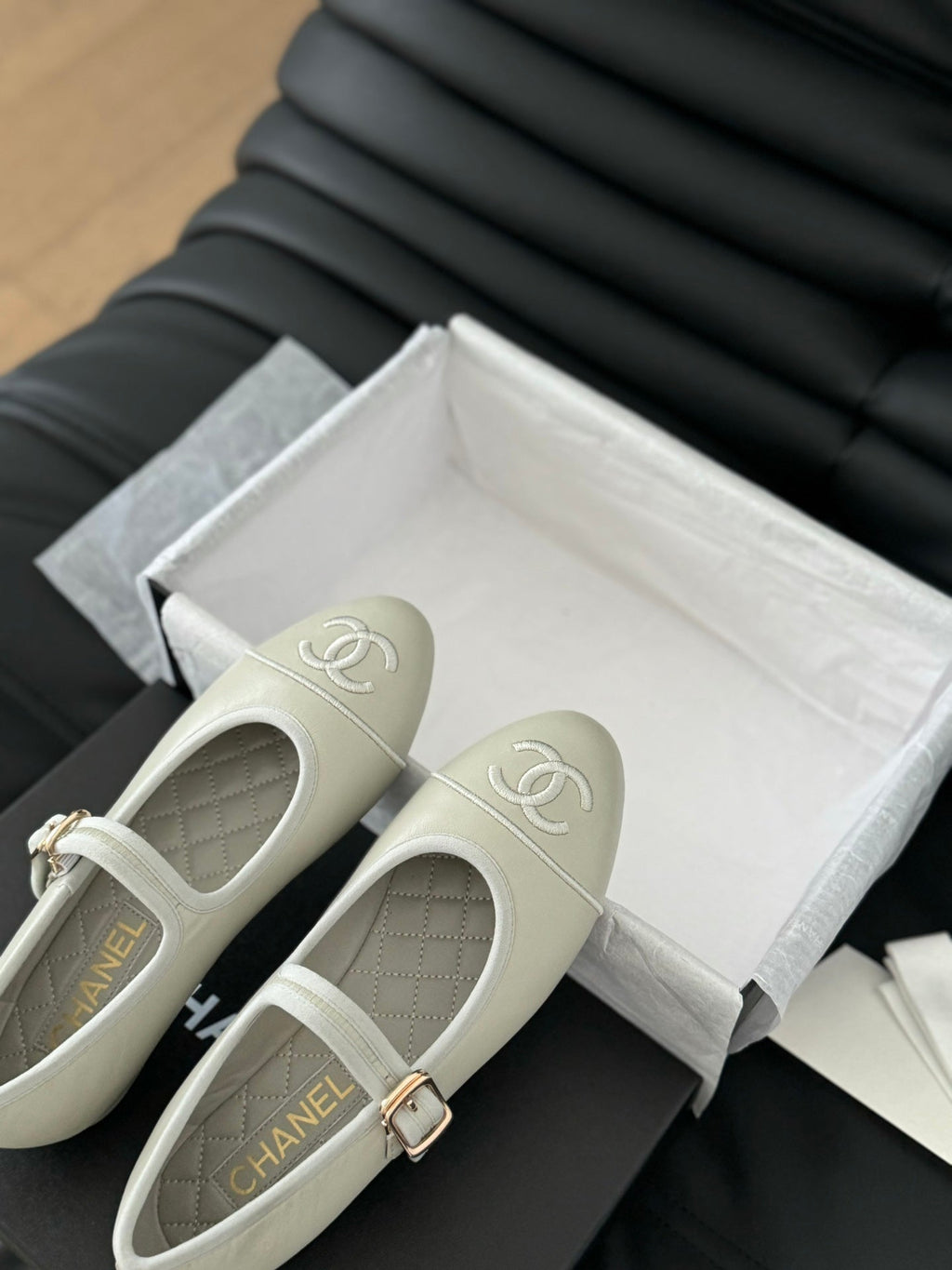 Chanel Mary Jane Shoes in Grey Lambskin