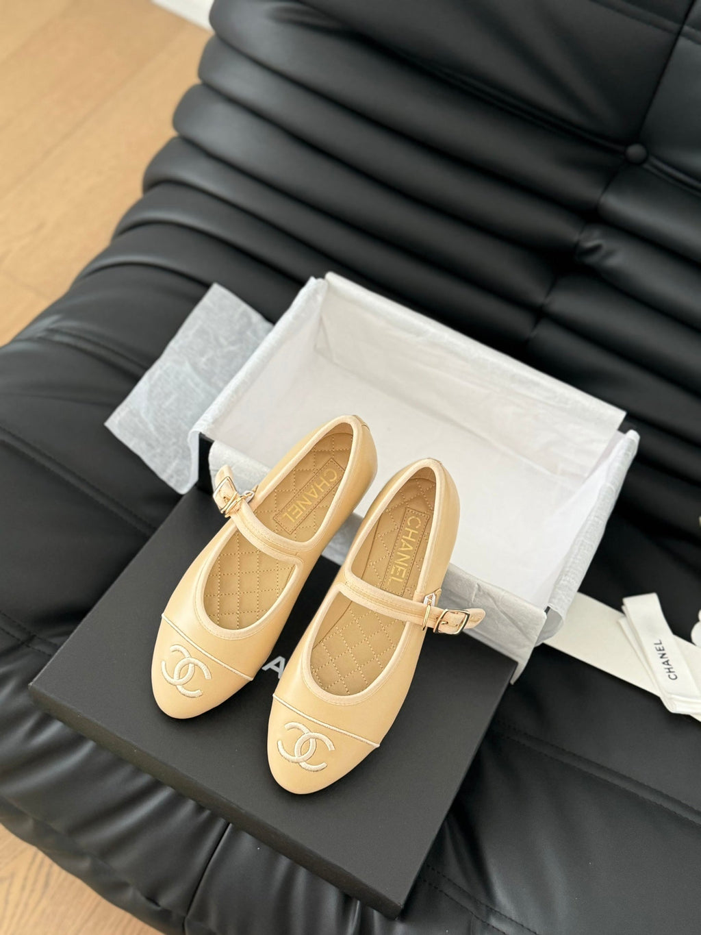 Chanel Mary Jane Shoes in Dark Cream Lambskin