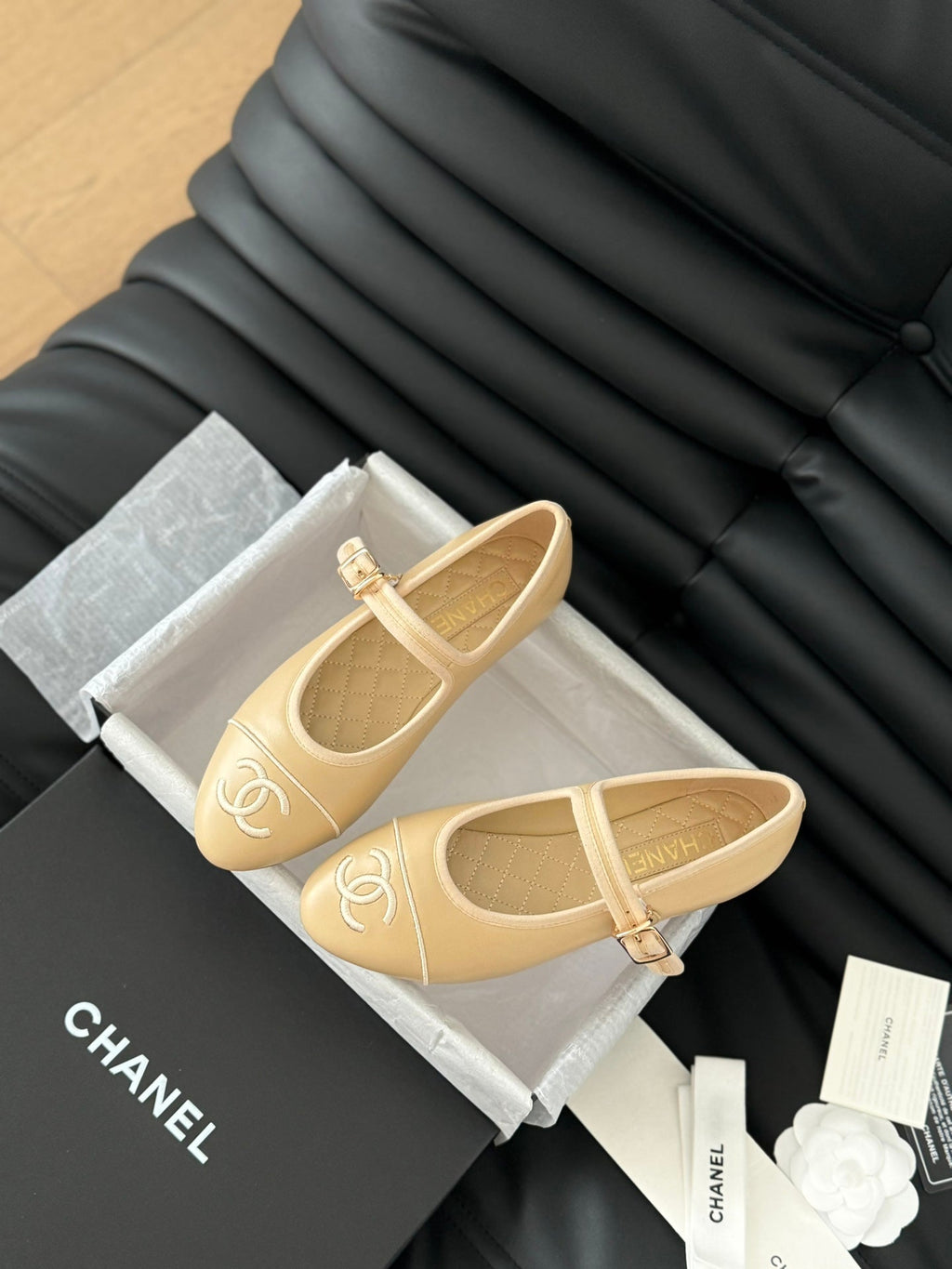Chanel Mary Jane Shoes in Dark Cream Lambskin