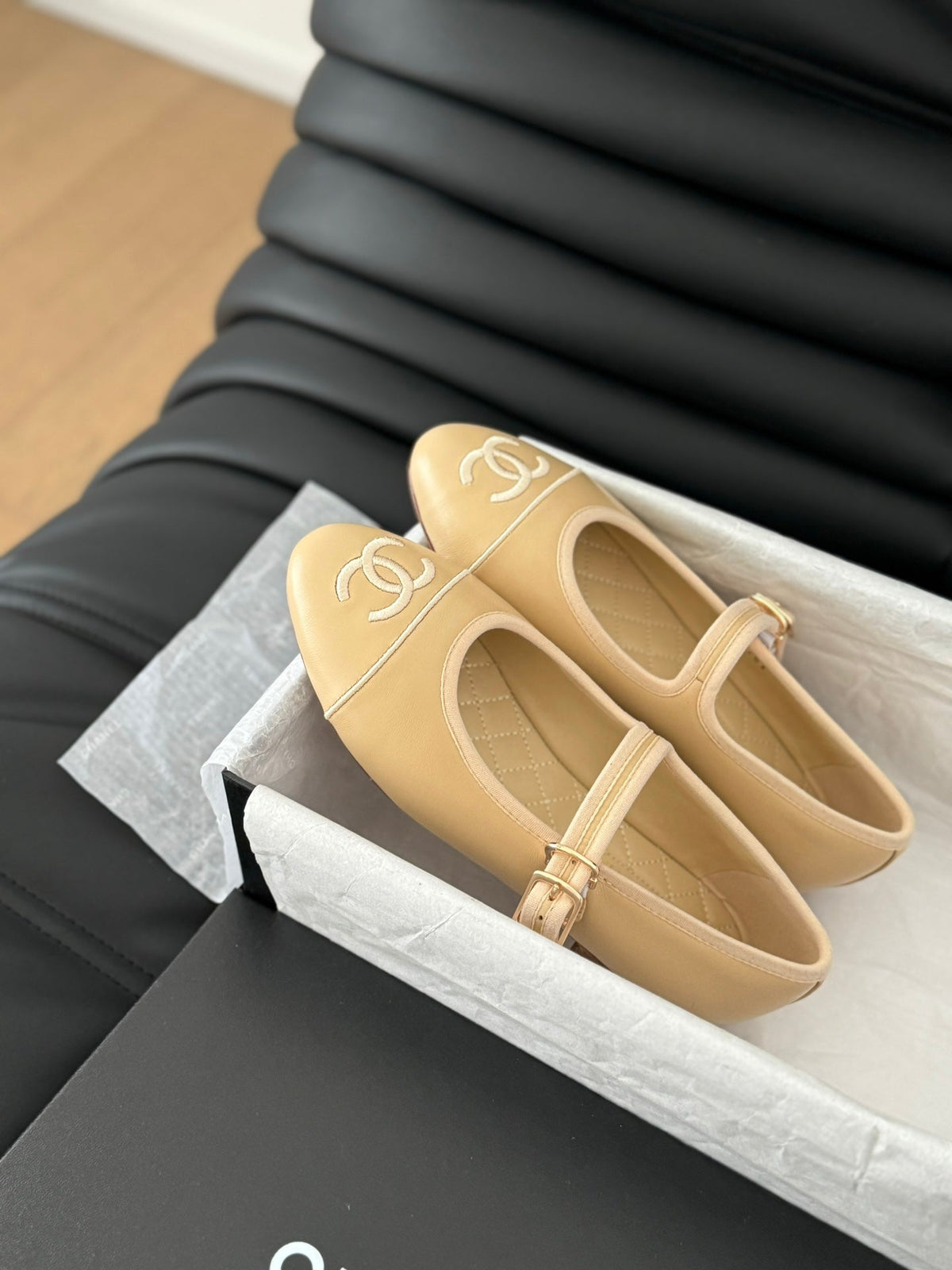 Chanel Mary Jane Shoes in Dark Cream Lambskin