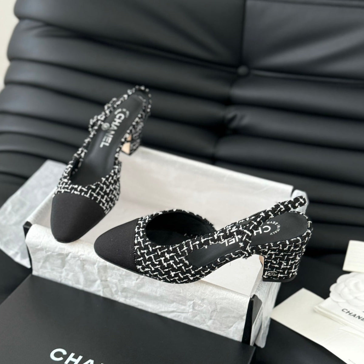 Chanel High Slingback in Black Mix White Tweed and Lambskin