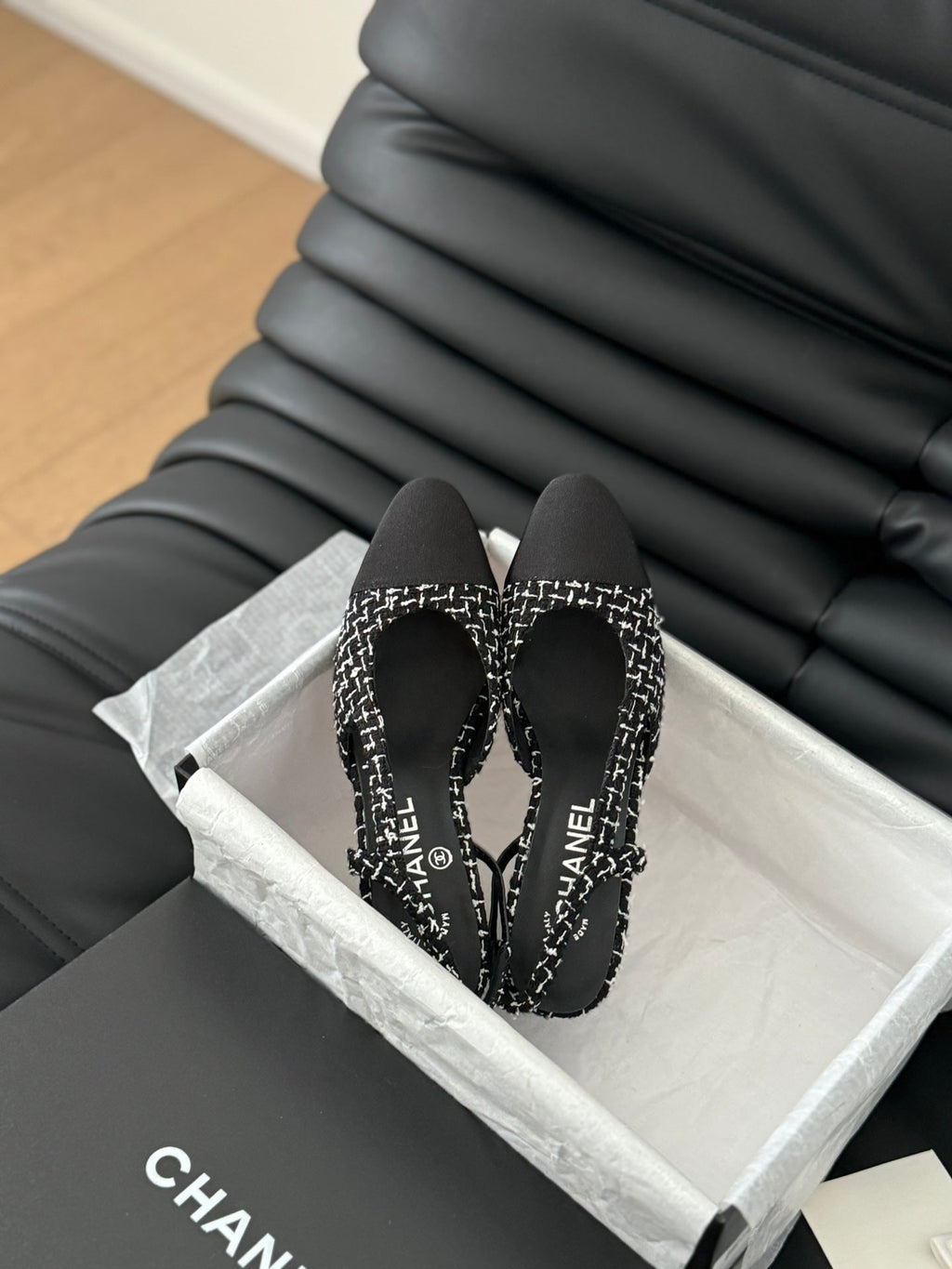Chanel High Slingback in Black Mix White Tweed and Lambskin