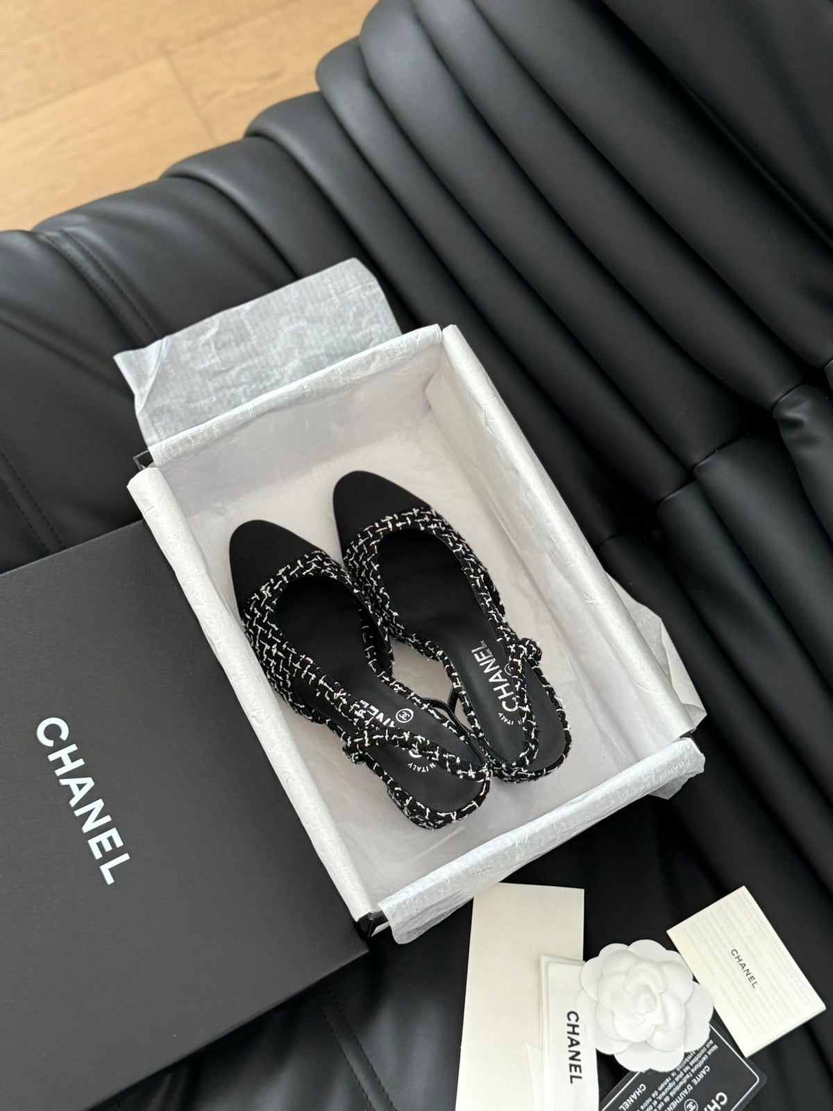 Chanel High Slingback in Black Mix White Tweed and Lambskin