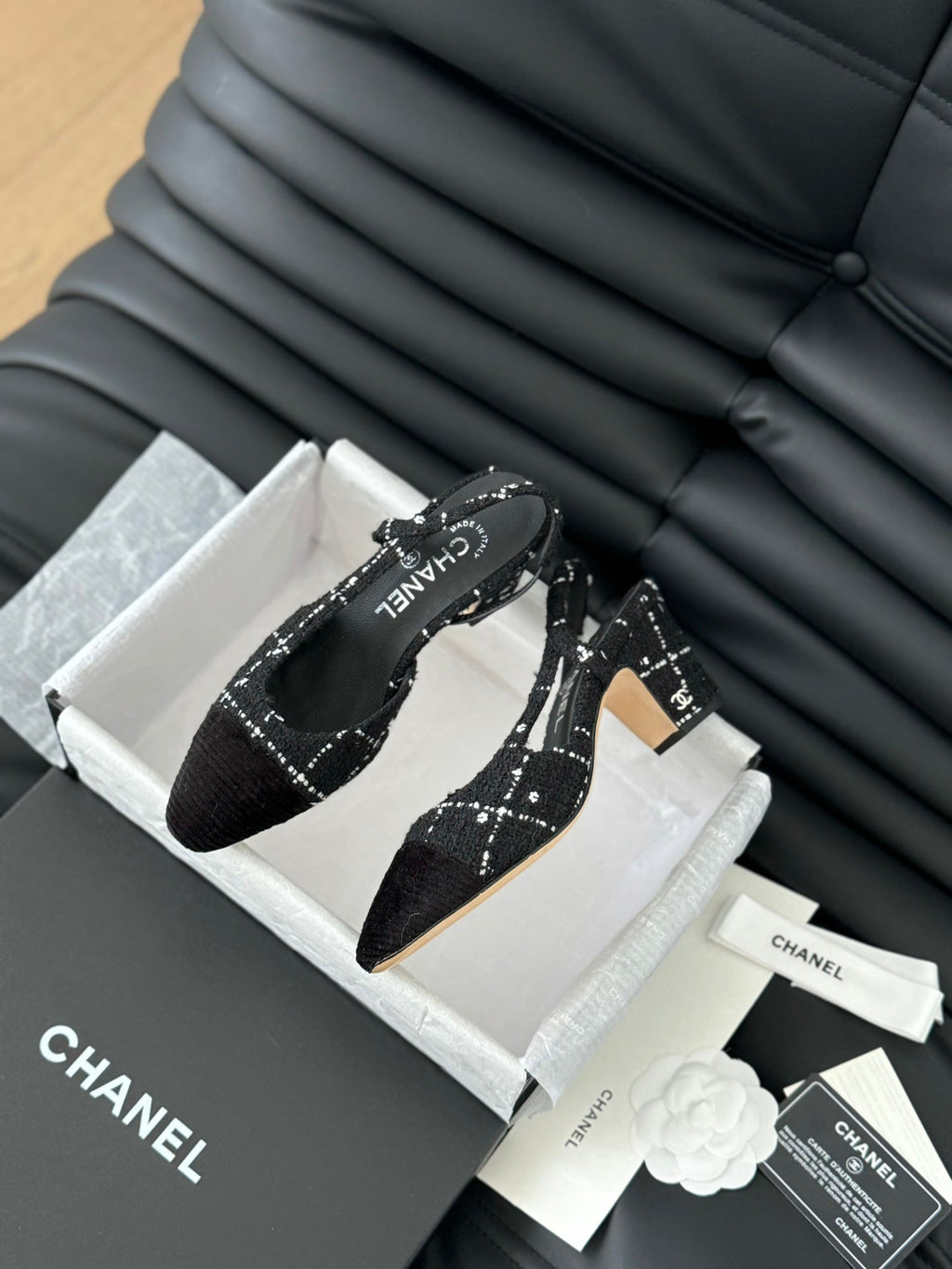 Chanel High Slingback in Black Tweed and Lambskin