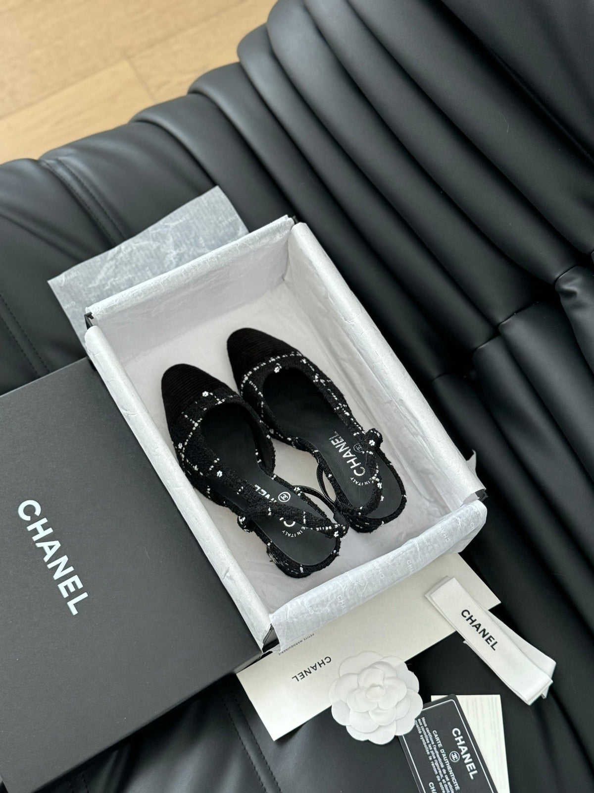 Chanel High Slingback in Black Tweed and Lambskin