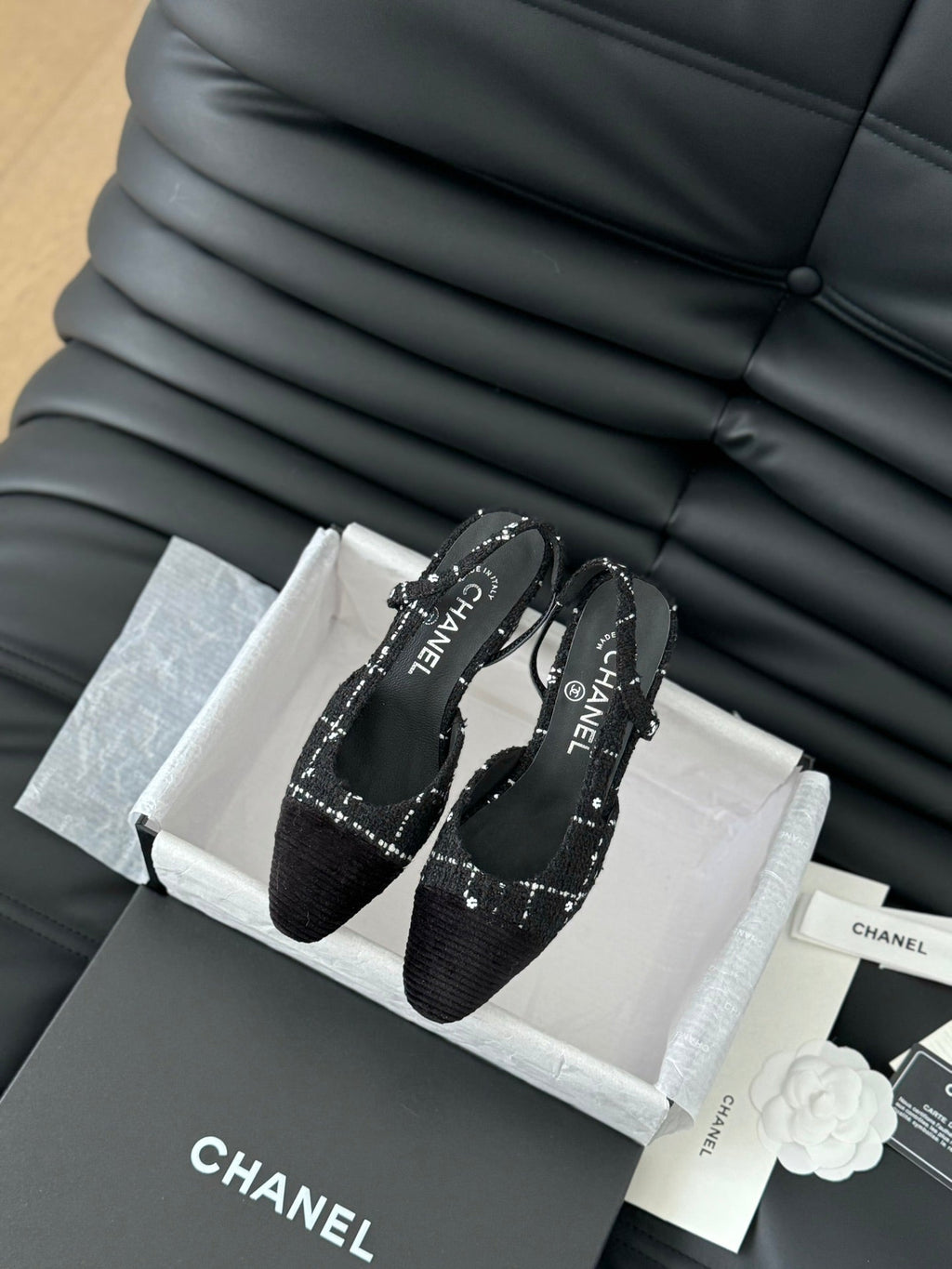 Chanel High Slingback in Black Tweed and Lambskin