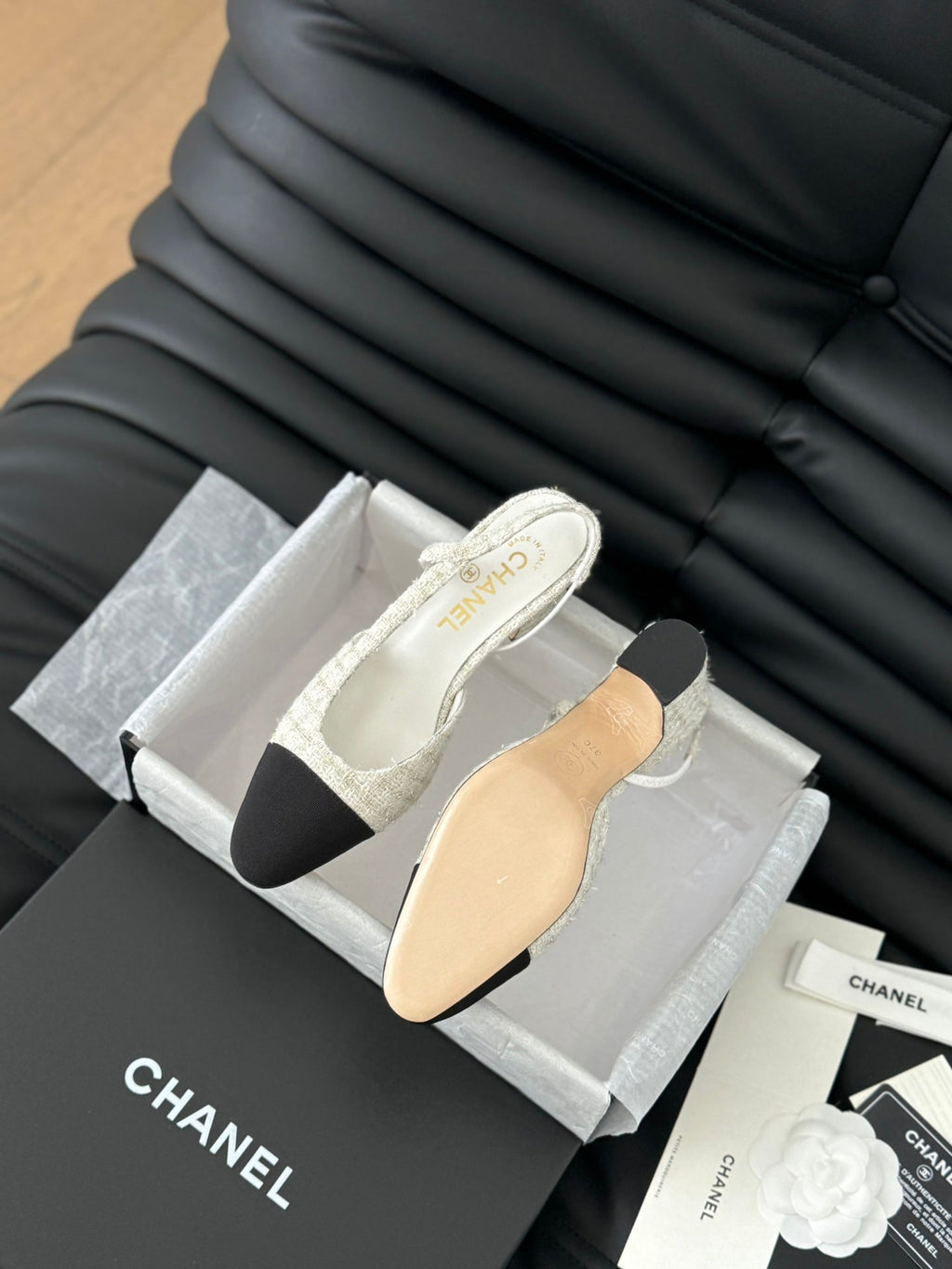 Chanel High Slingback in White Tweed and Black Lambskin