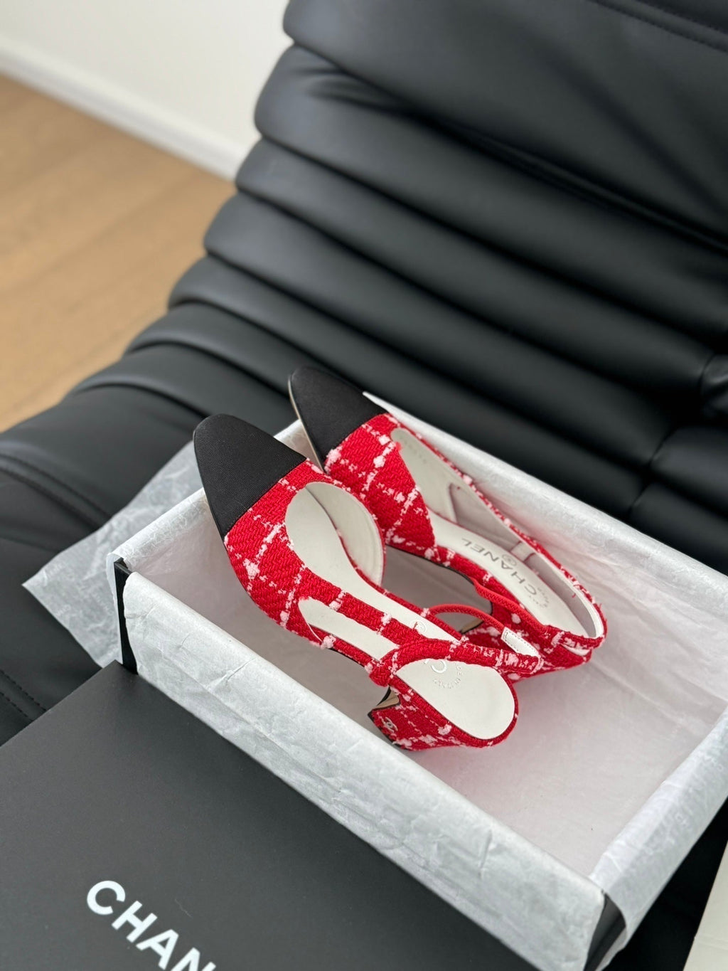 Chanel High Slingback in Cherry Red Tweed and Black Lambskin