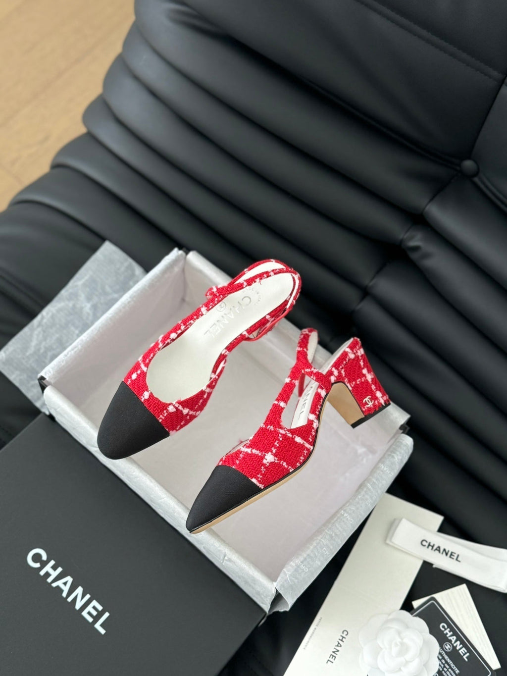Chanel High Slingback in Cherry Red Tweed and Black Lambskin