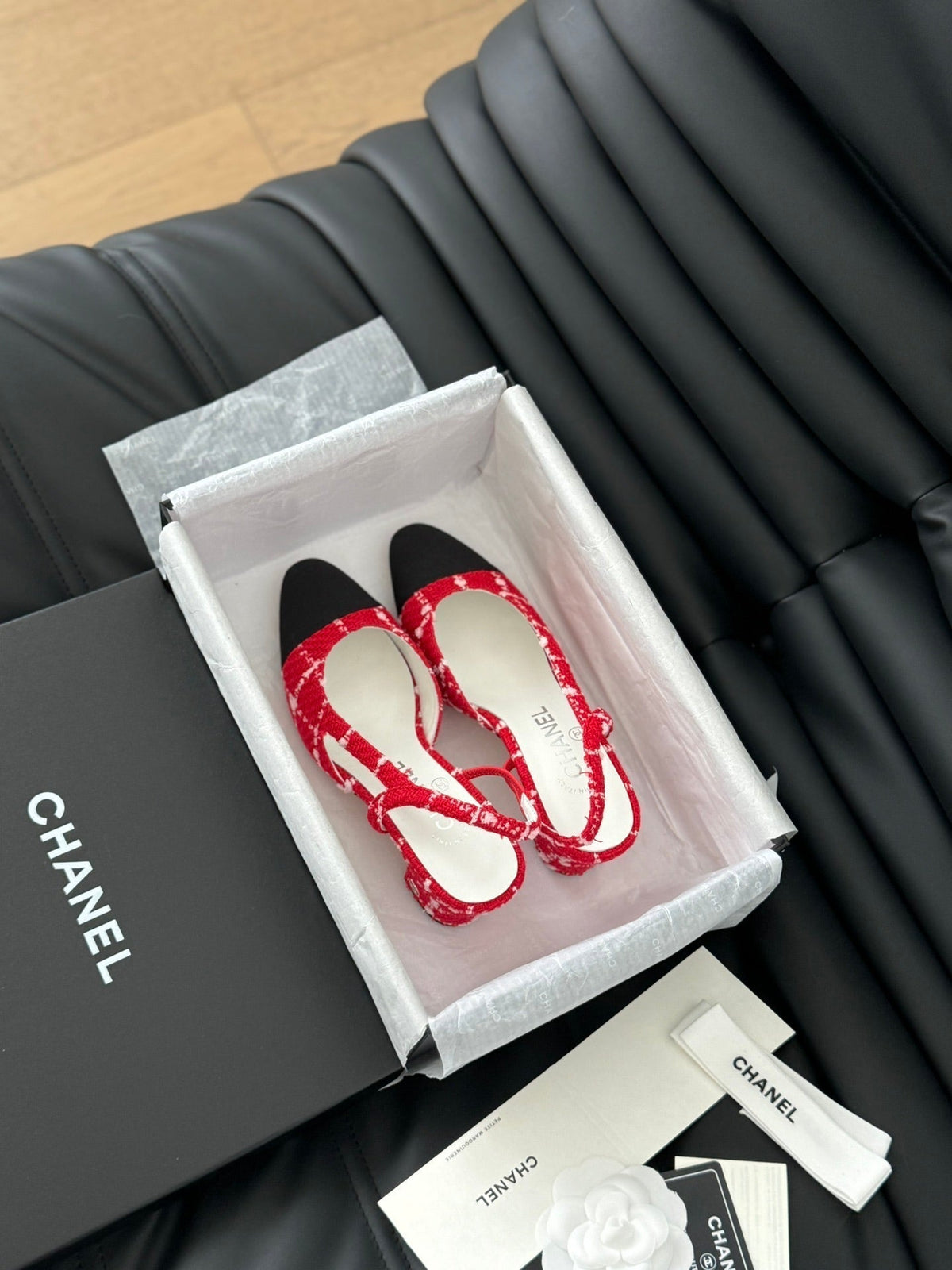 Chanel High Slingback in Cherry Red Tweed and Black Lambskin
