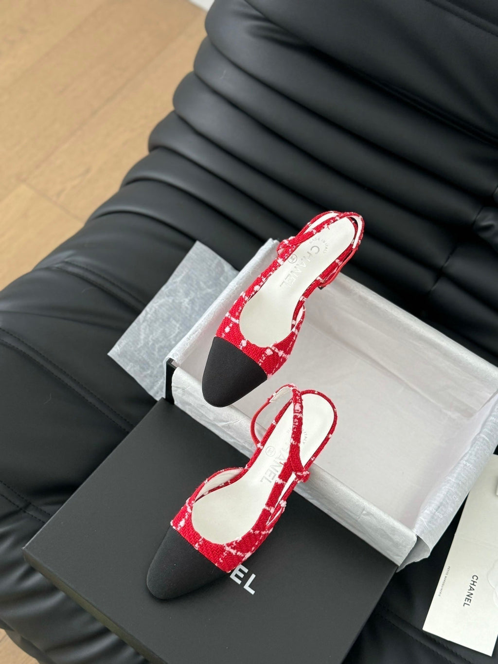 Chanel High Slingback in Cherry Red Tweed and Black Lambskin