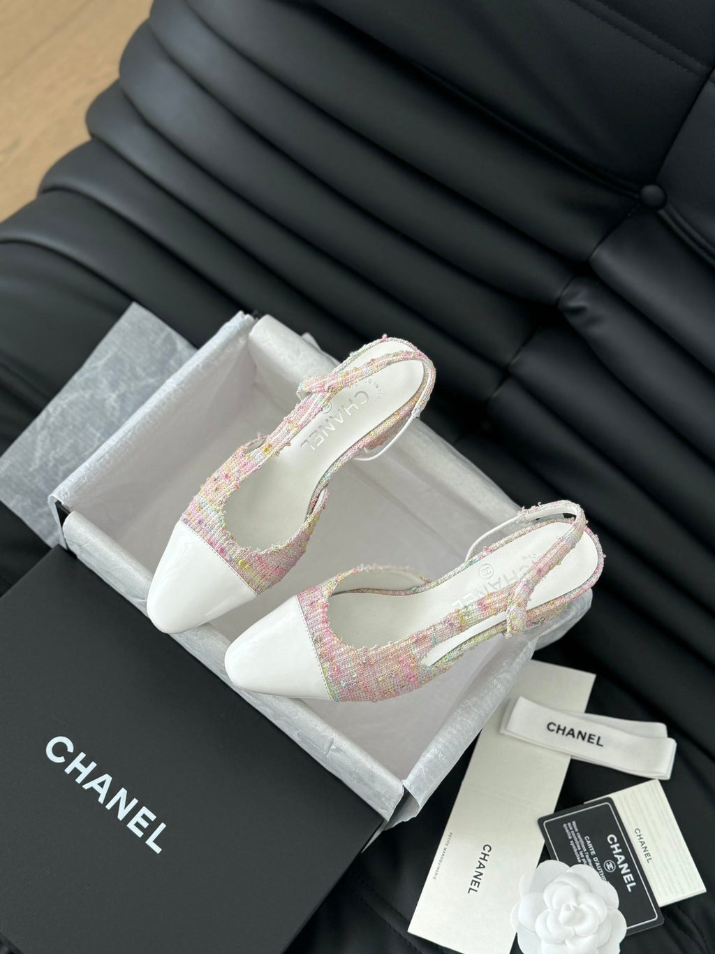Chanel High Slingback in Light Pink Tweed Mix White Lambskin