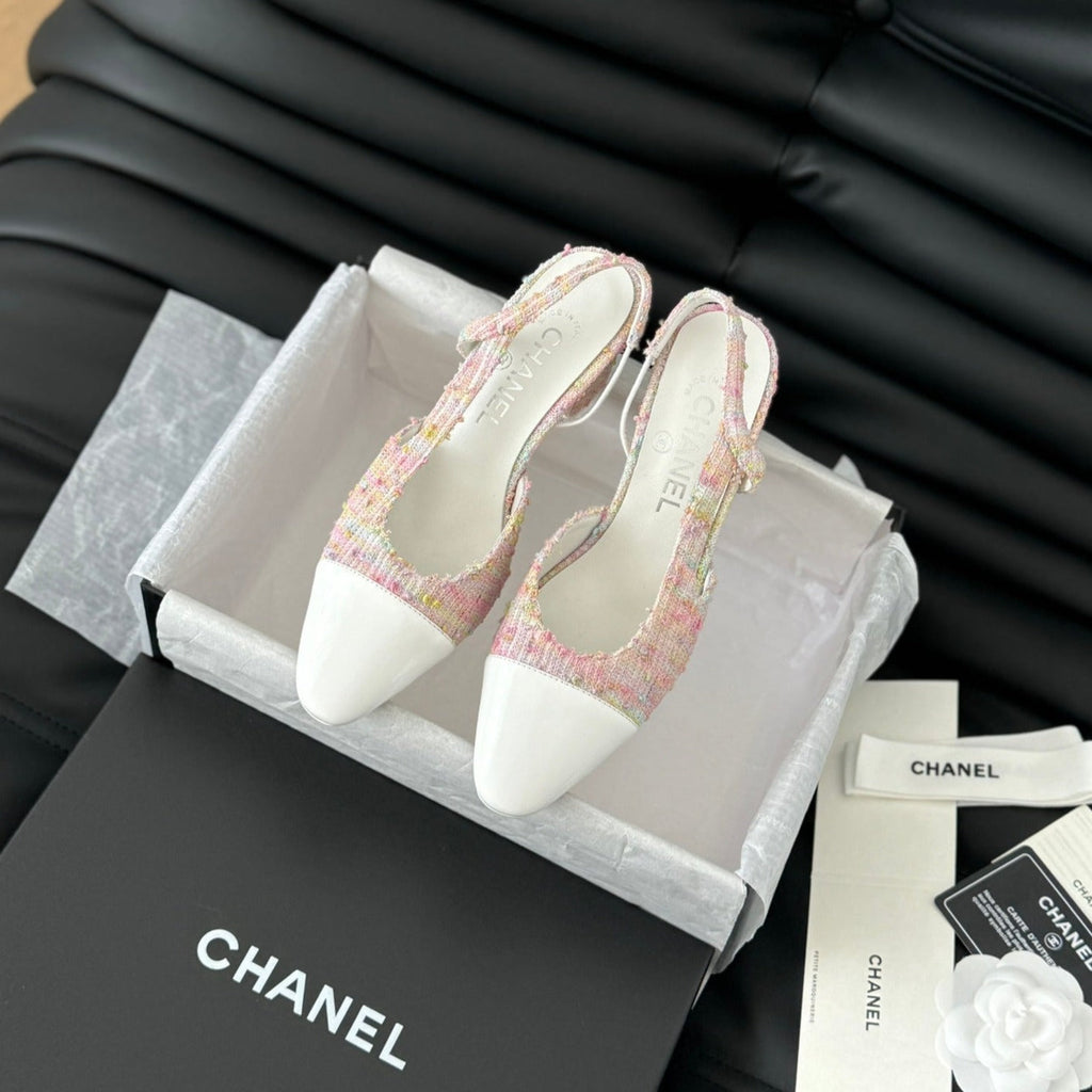 Chanel High Slingback in Light Pink Tweed Mix White Lambskin