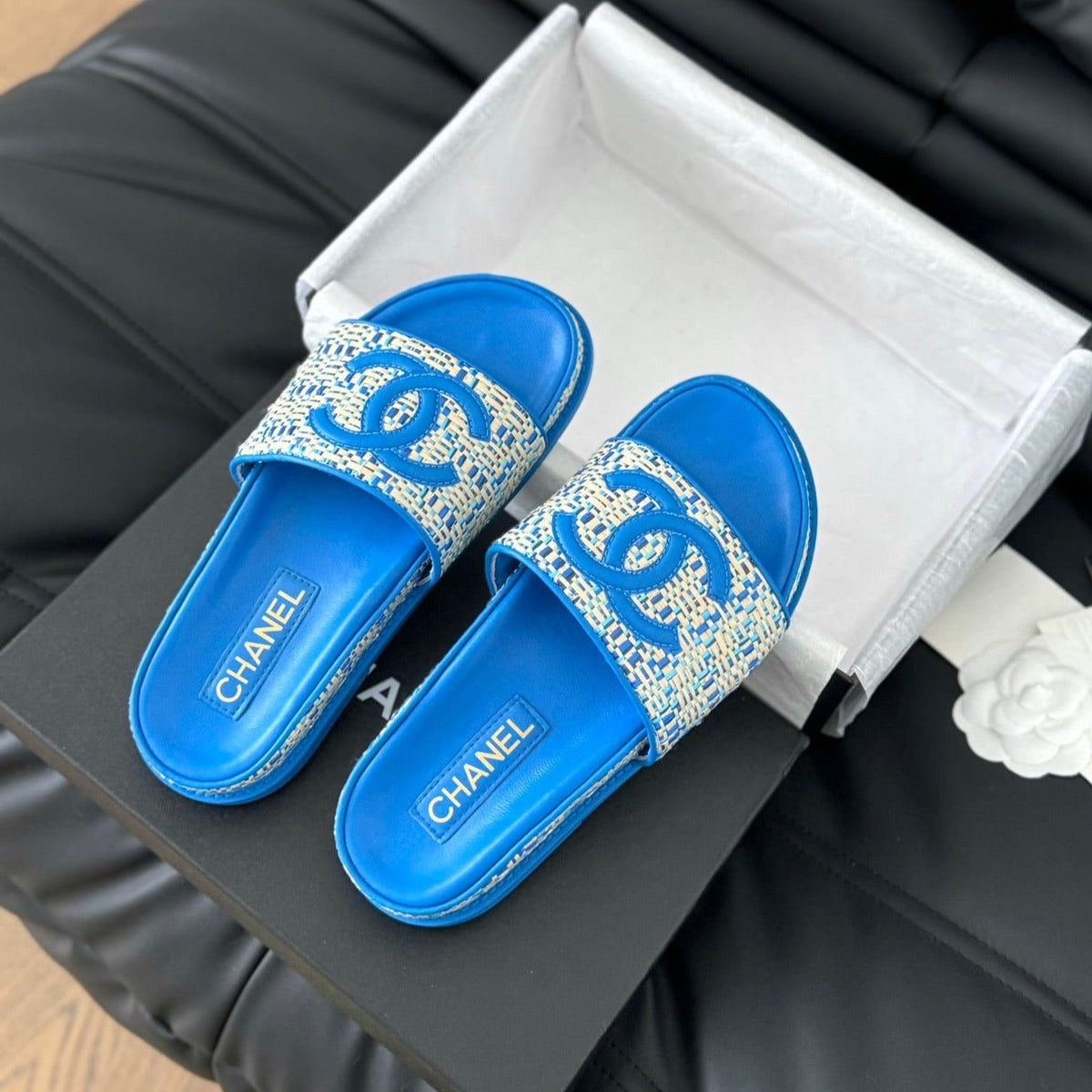 Chanel Slippers Sheepskin Cobalt Blue