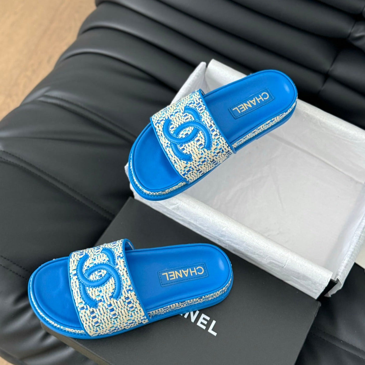Chanel Slippers Sheepskin Cobalt Blue
